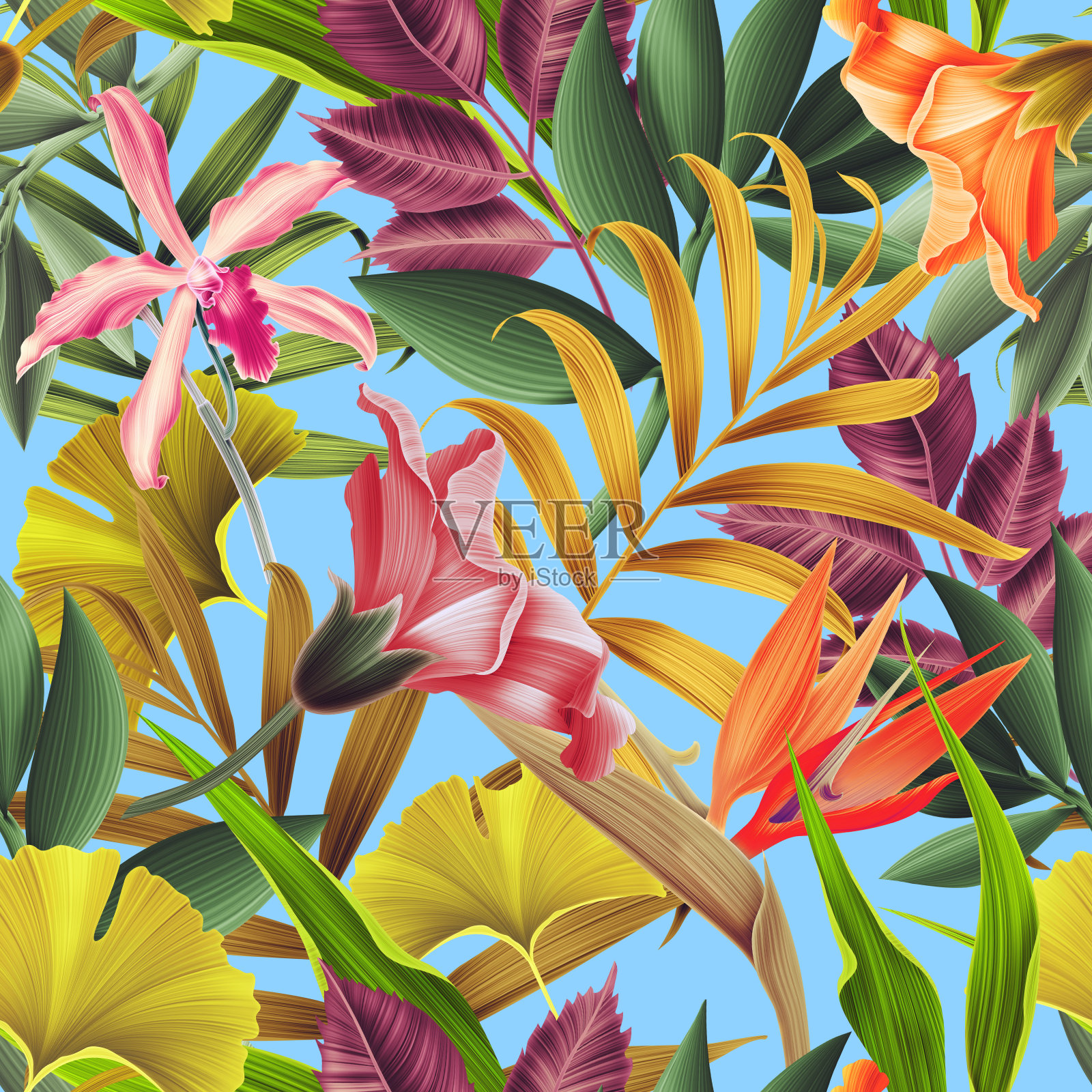 热带无缝图案与彩虹色。五颜六色的叶子和花朵。插画图片素材