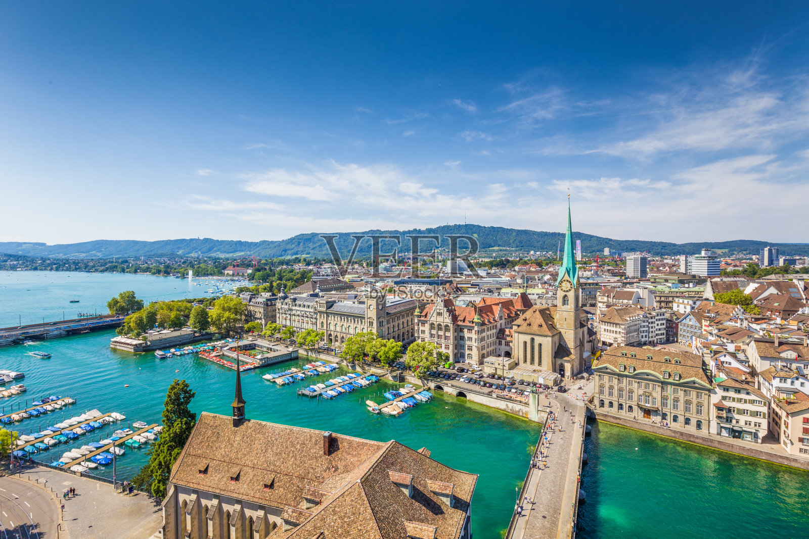 苏黎世和利马特河的鸟瞰图，瑞士照片摄影图片