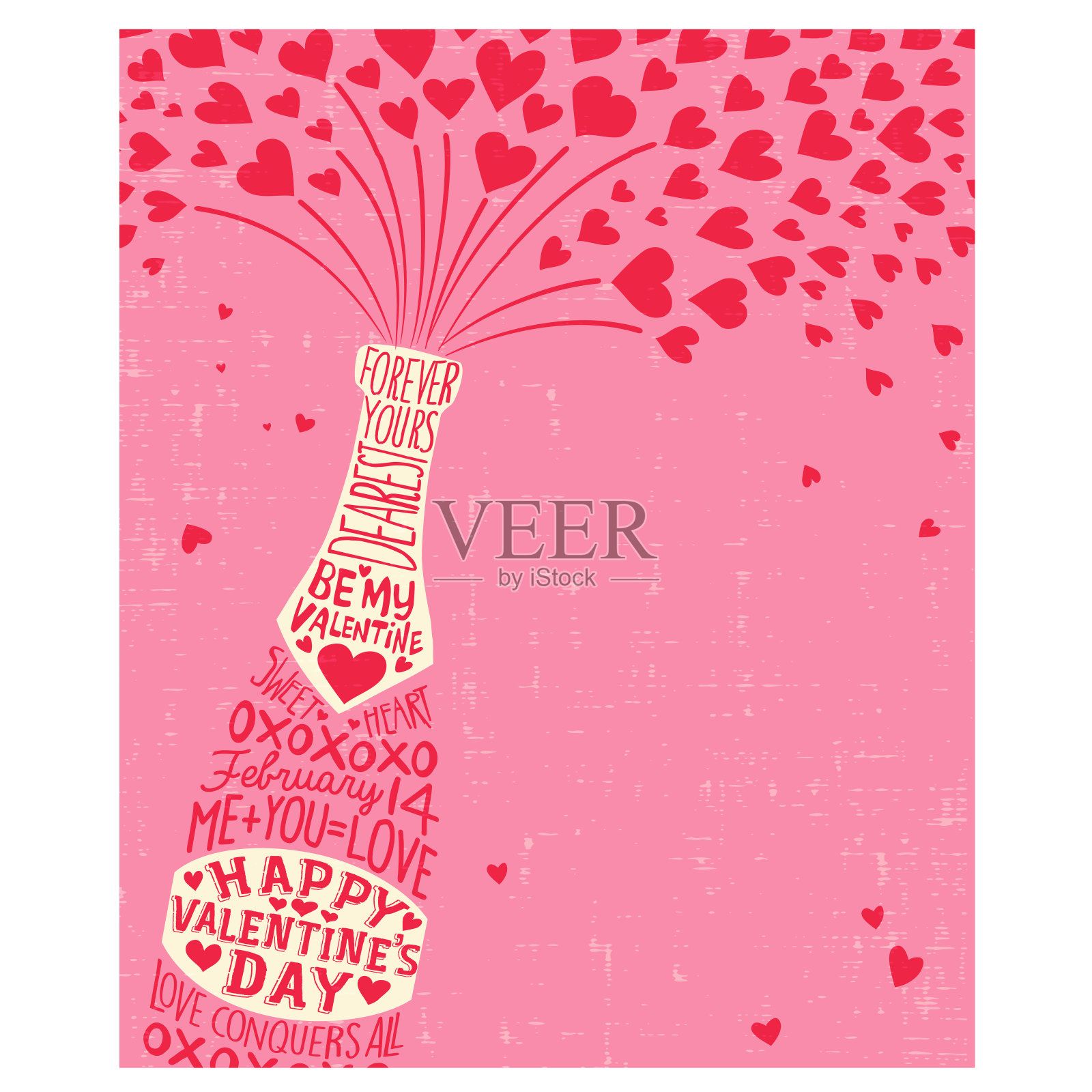 情人节快乐，有香槟瓶，爱心和手写的情话。插画图片素材