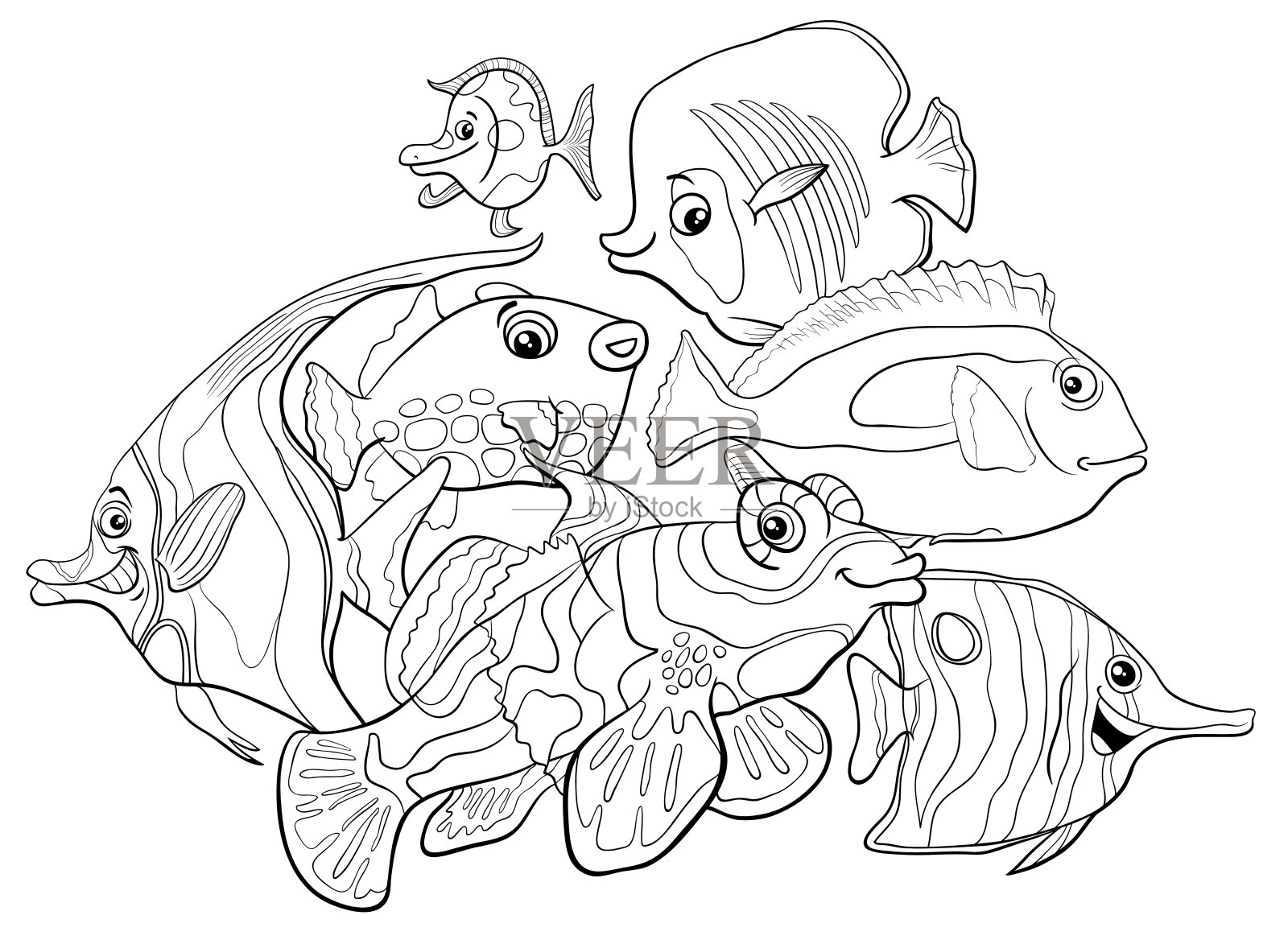 热带鱼动物人物涂色书插画图片素材
