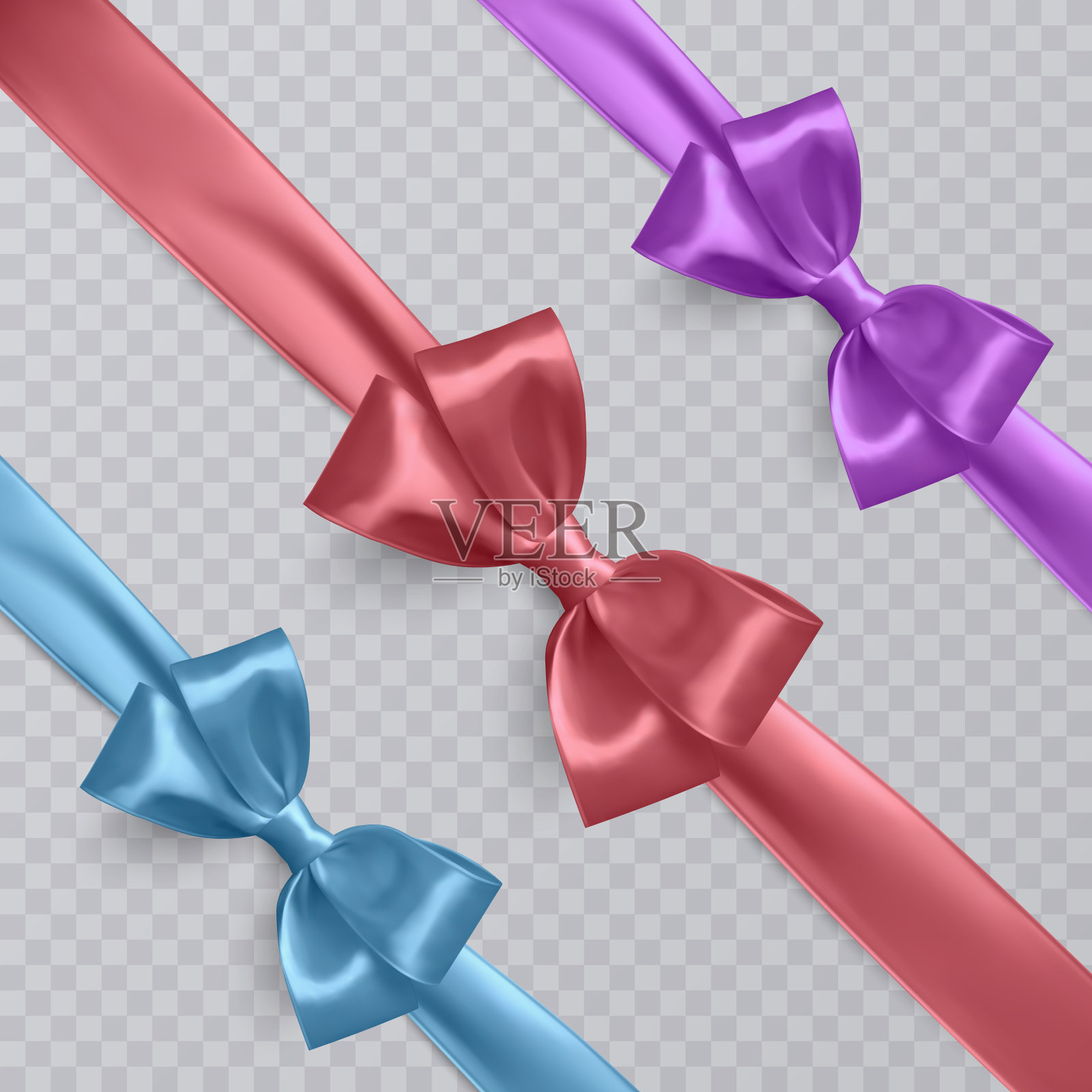一套向量现实的蓝色，紫色和橙色丝带和蝴蝶结透明的背景。向量eps 10设计元素图片