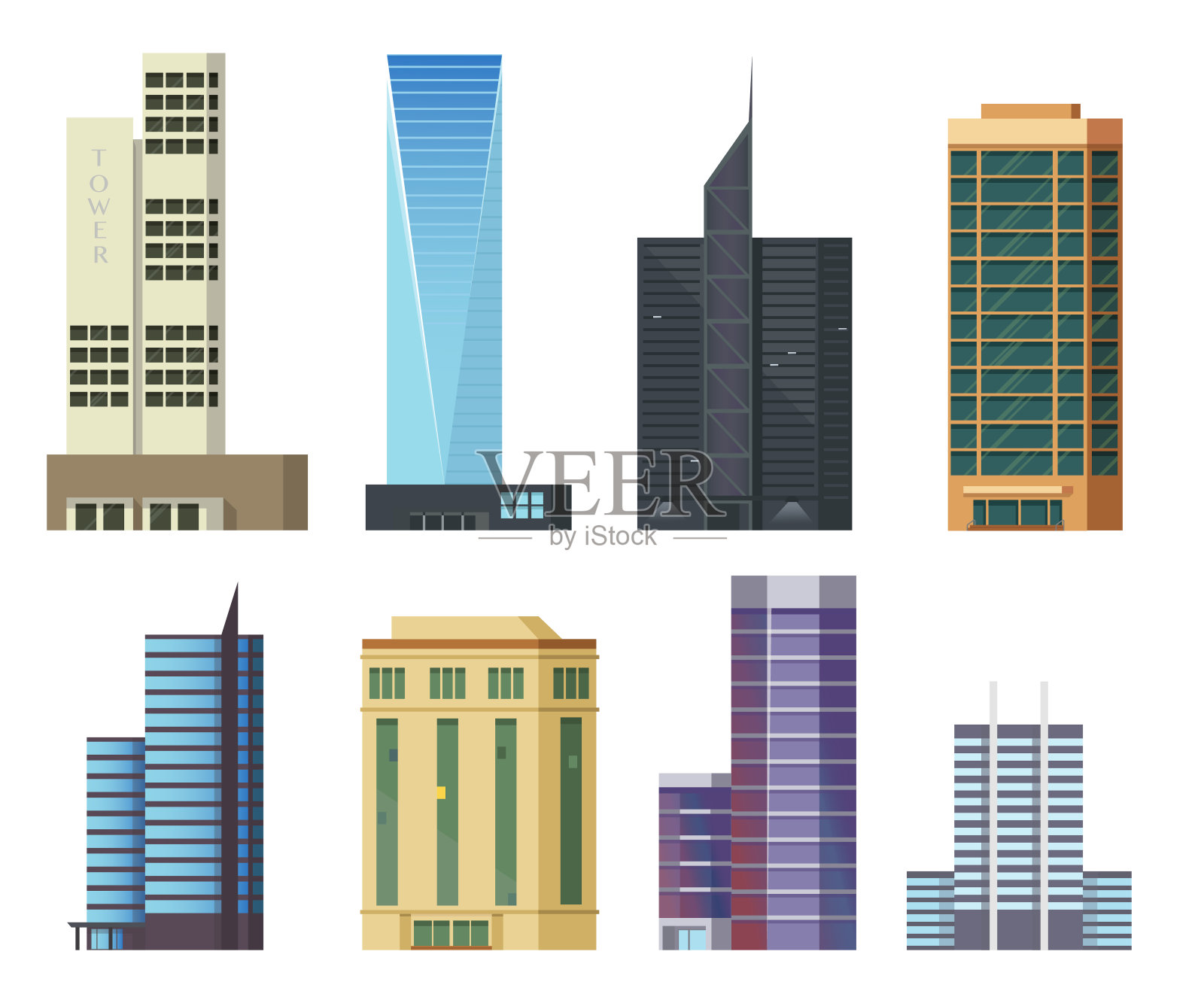 一组标志性的摩天大楼。建筑和现代城市住宅，平面插图插画图片素材