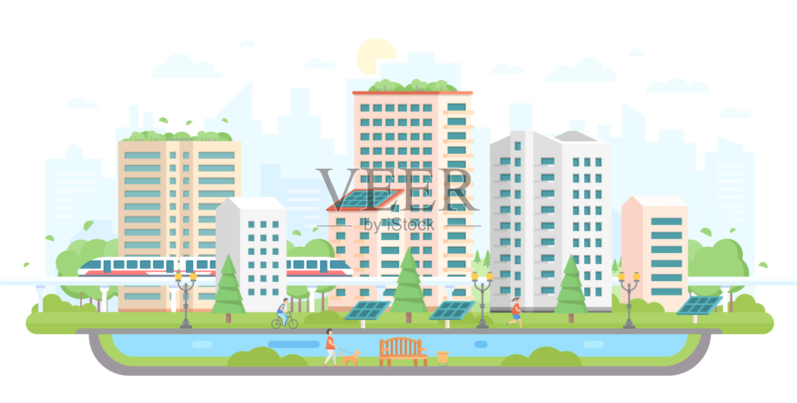城市景观与太阳能电池板-现代平面设计风格矢量插图插画图片素材