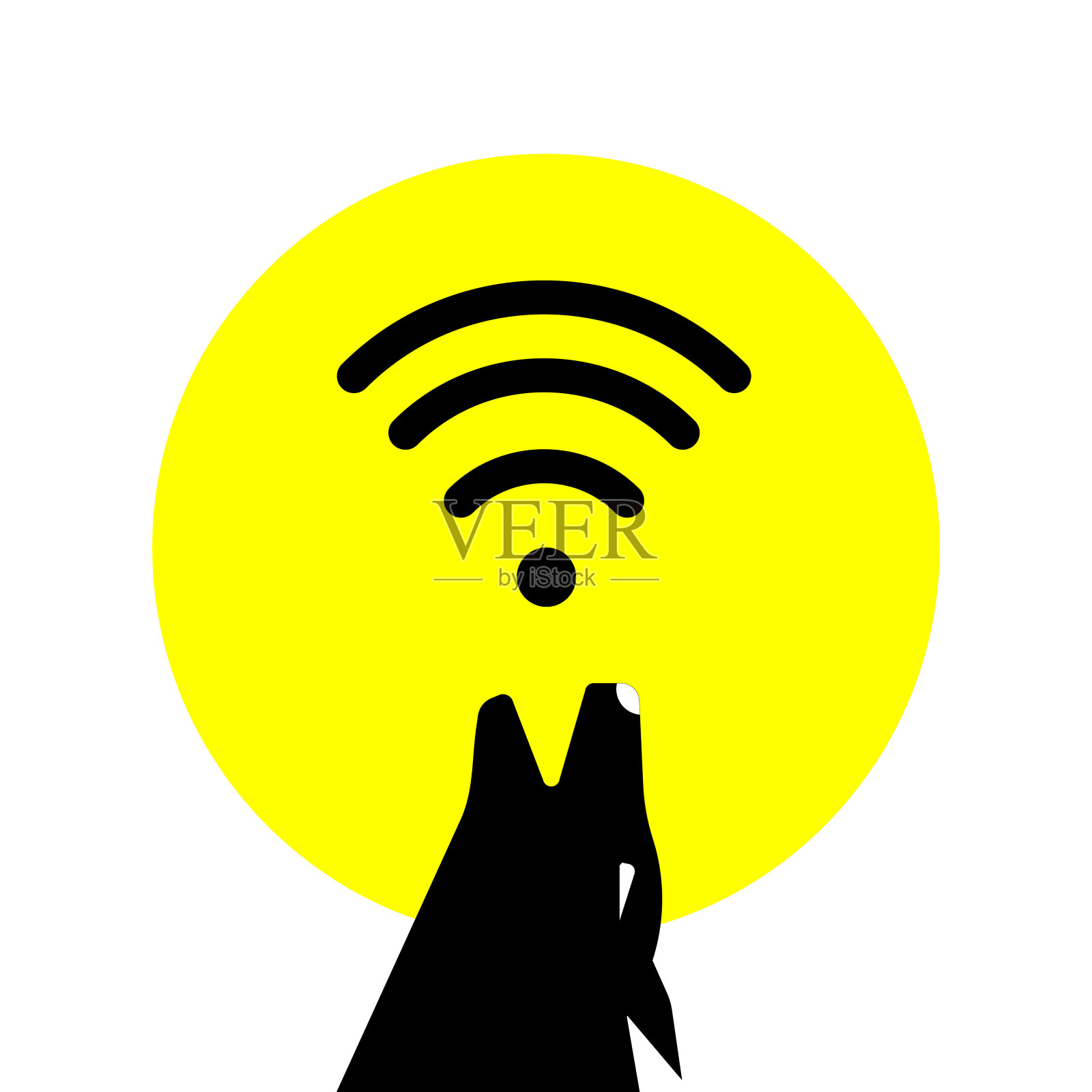 狗叫的剪影和满月的无线信号。矢量免费互联网wi-fi信号。野生的狼。矢量插图。有野狼标志的免费无线网络。wi-fi信号概念插画图片素材