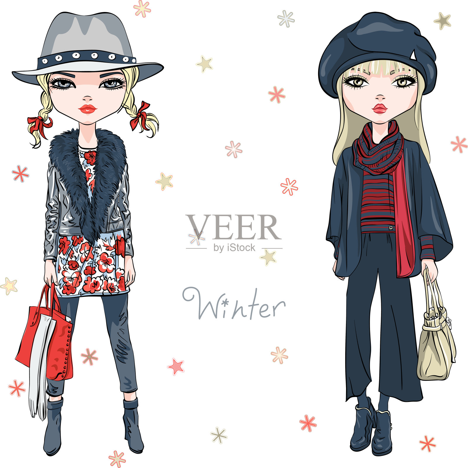 向量时尚女孩在冬天的衣服插画图片素材