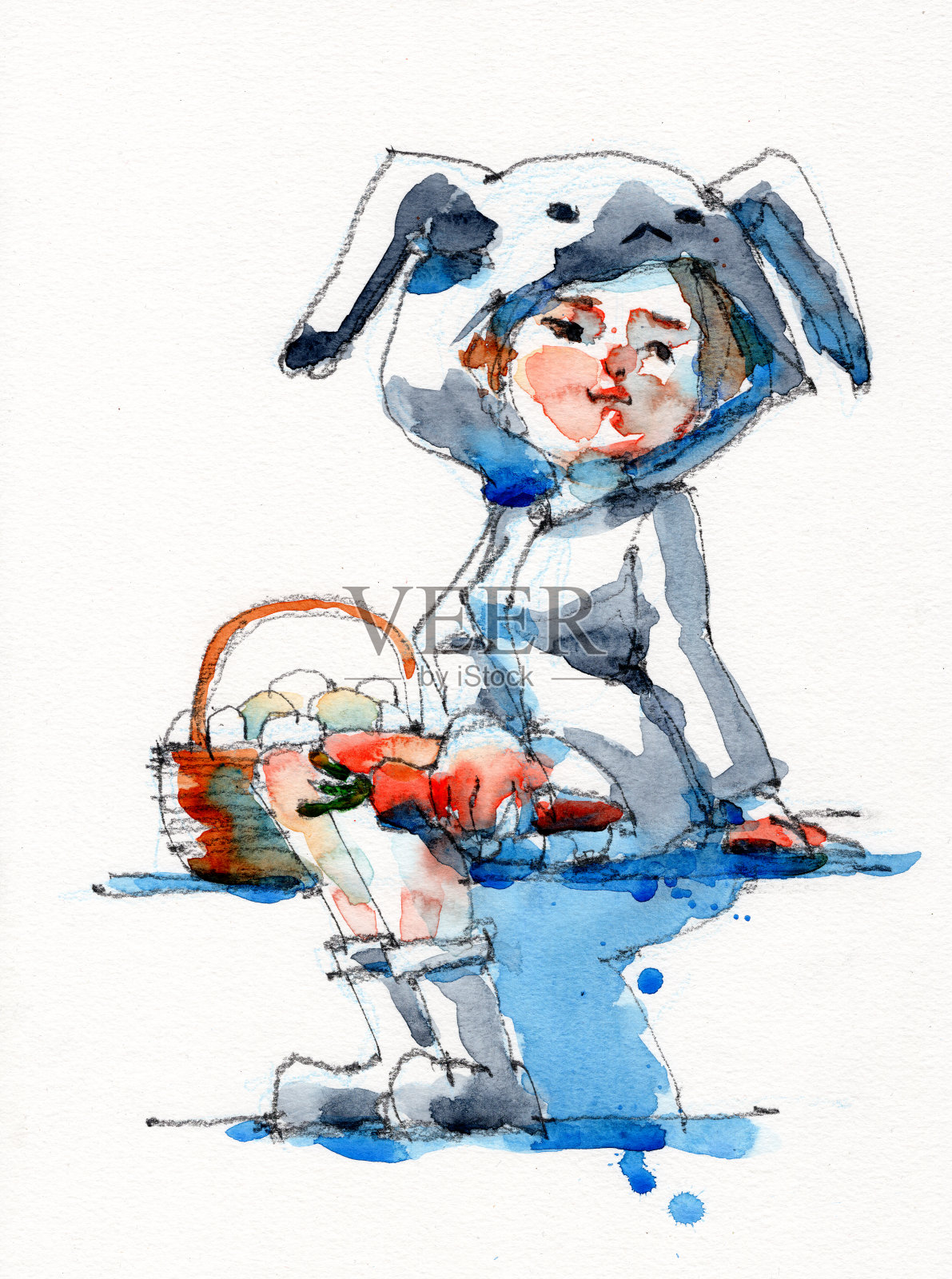 水彩画插图的女孩在兔子帽与篮子鸡蛋，手绘在纸上插画图片素材