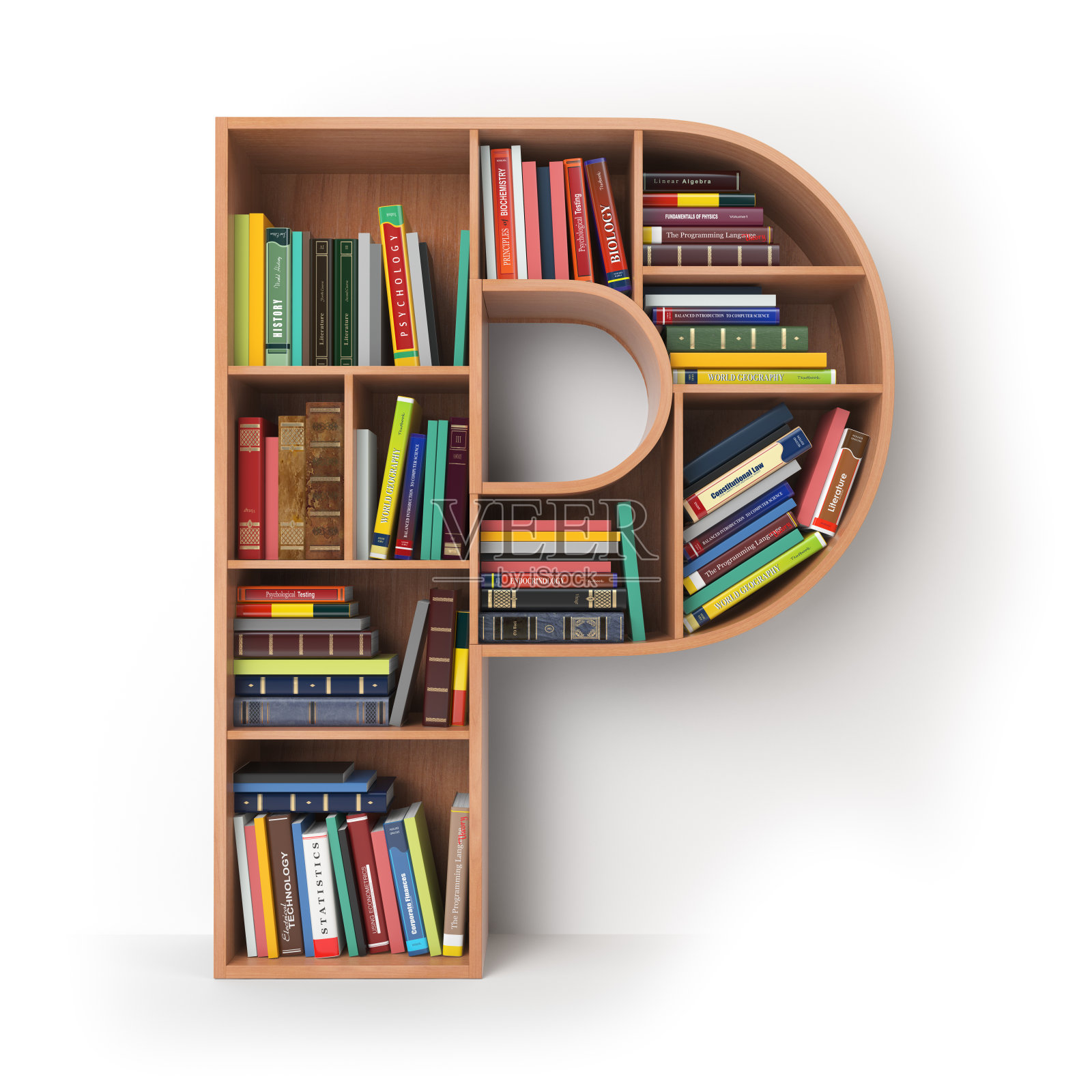 字母P在书架的形式与书孤立在白色。照片摄影图片