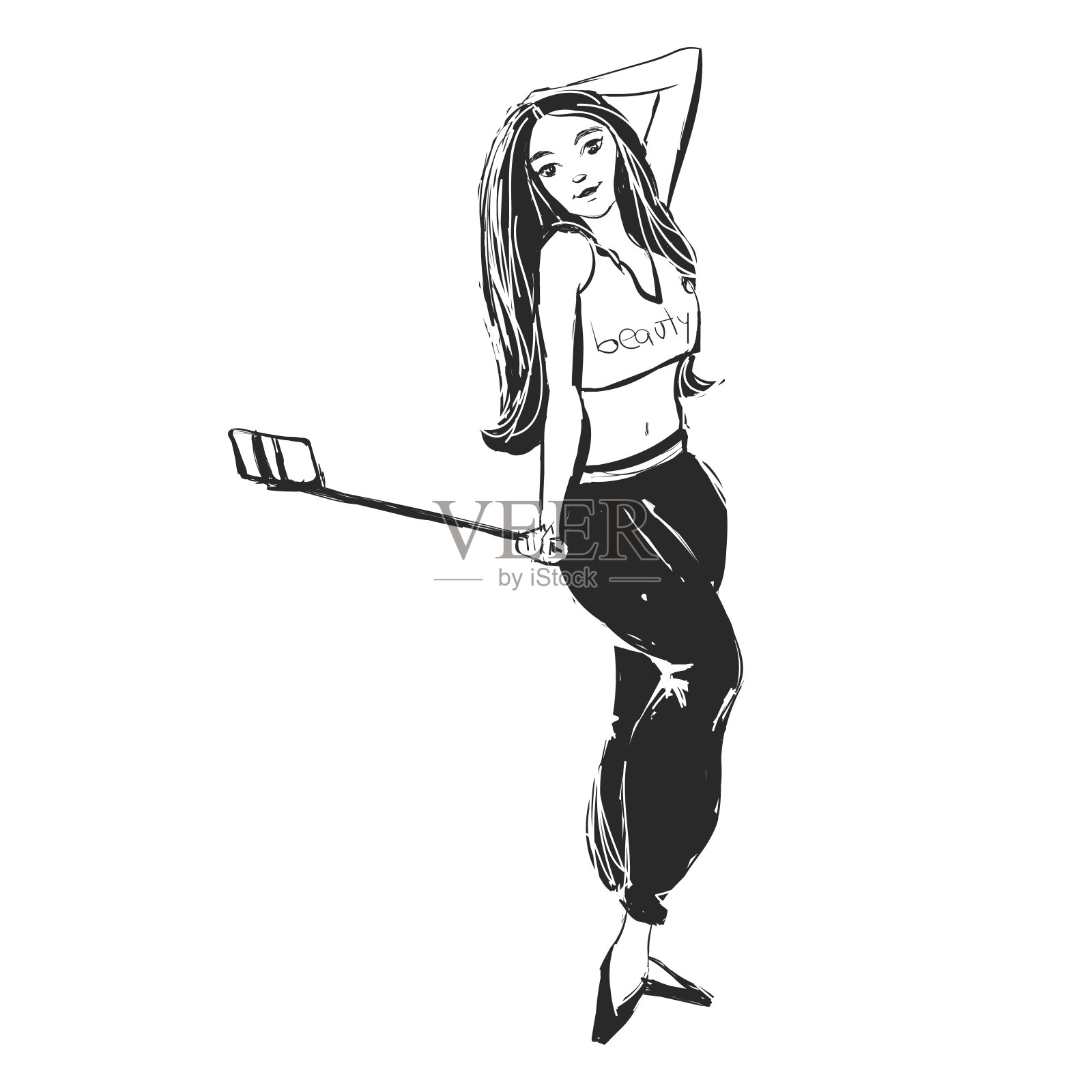 年轻苗条的女人用一根拐杖自拍，全身都是。矢量插图。插画图片素材