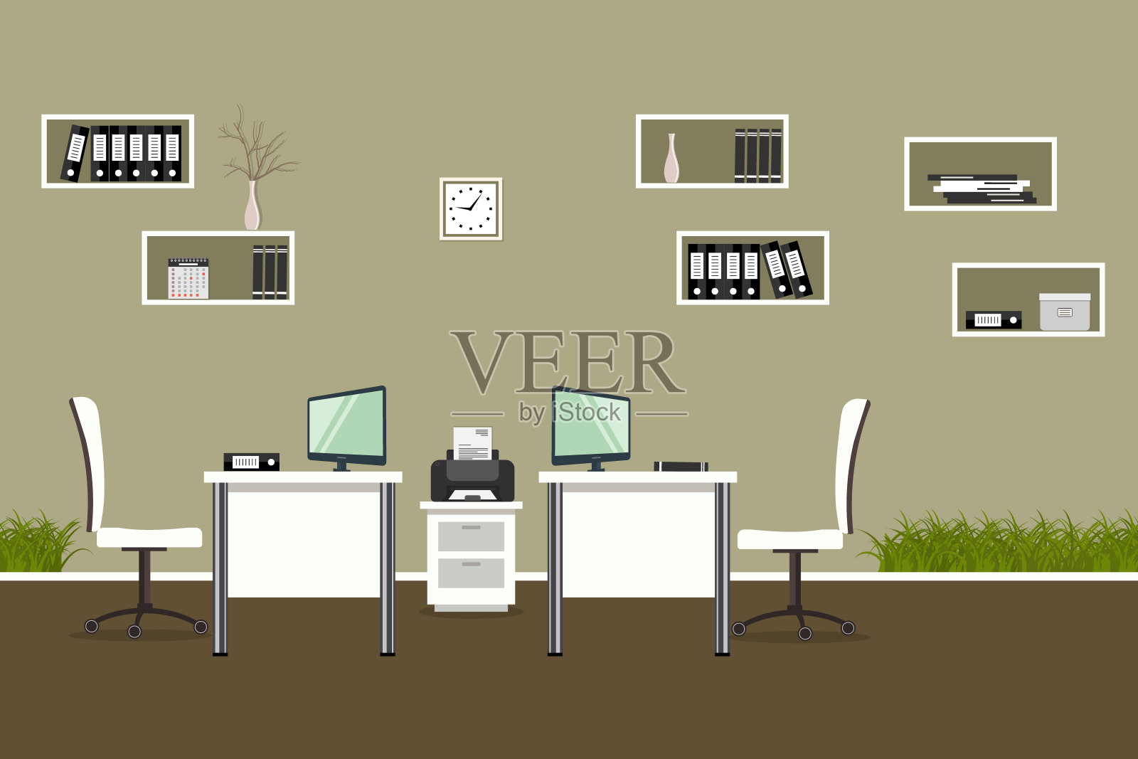 白色家具和装饰草的现代办公室插画图片素材