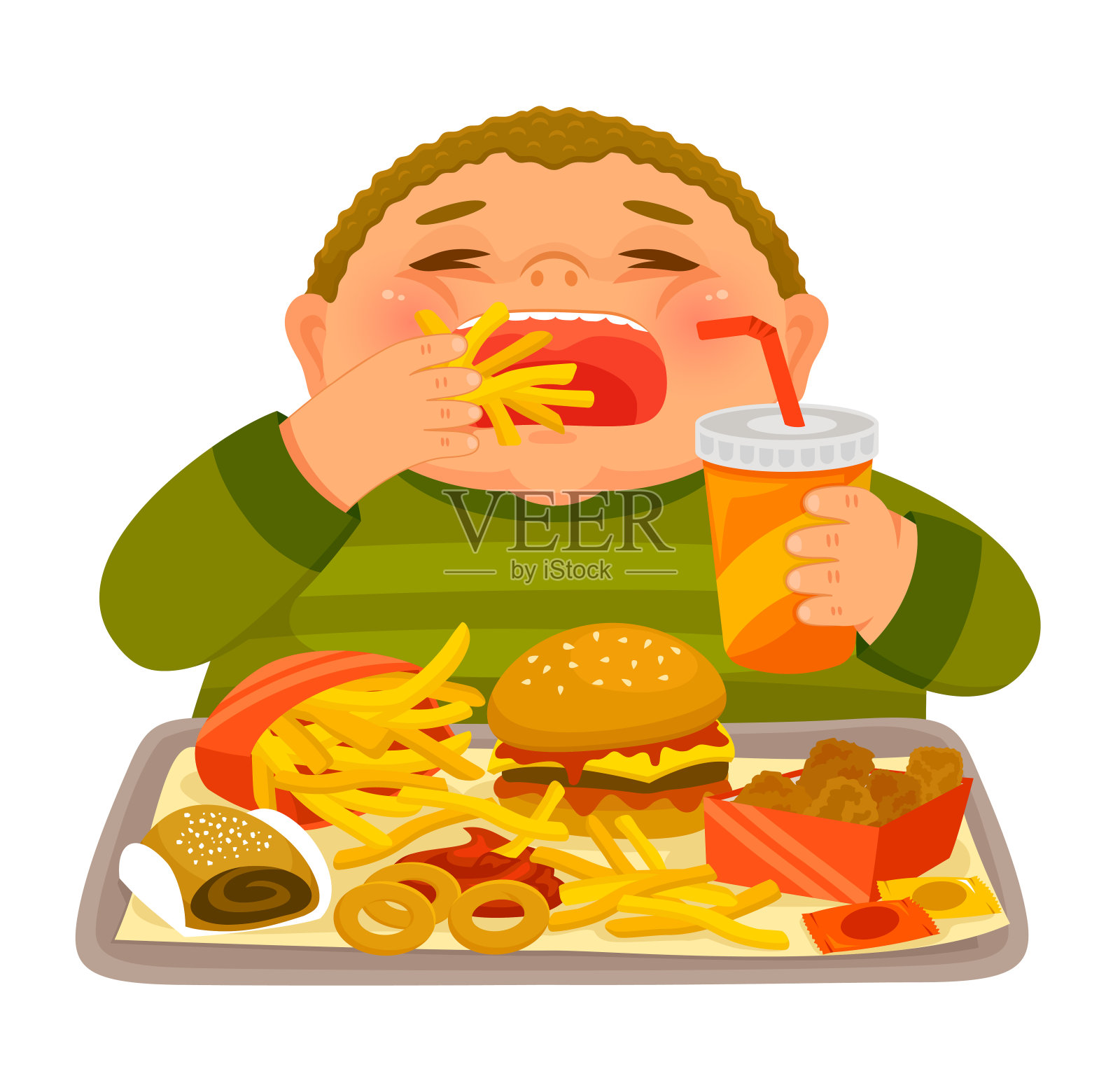 超重男孩暴食垃圾食品插画图片素材