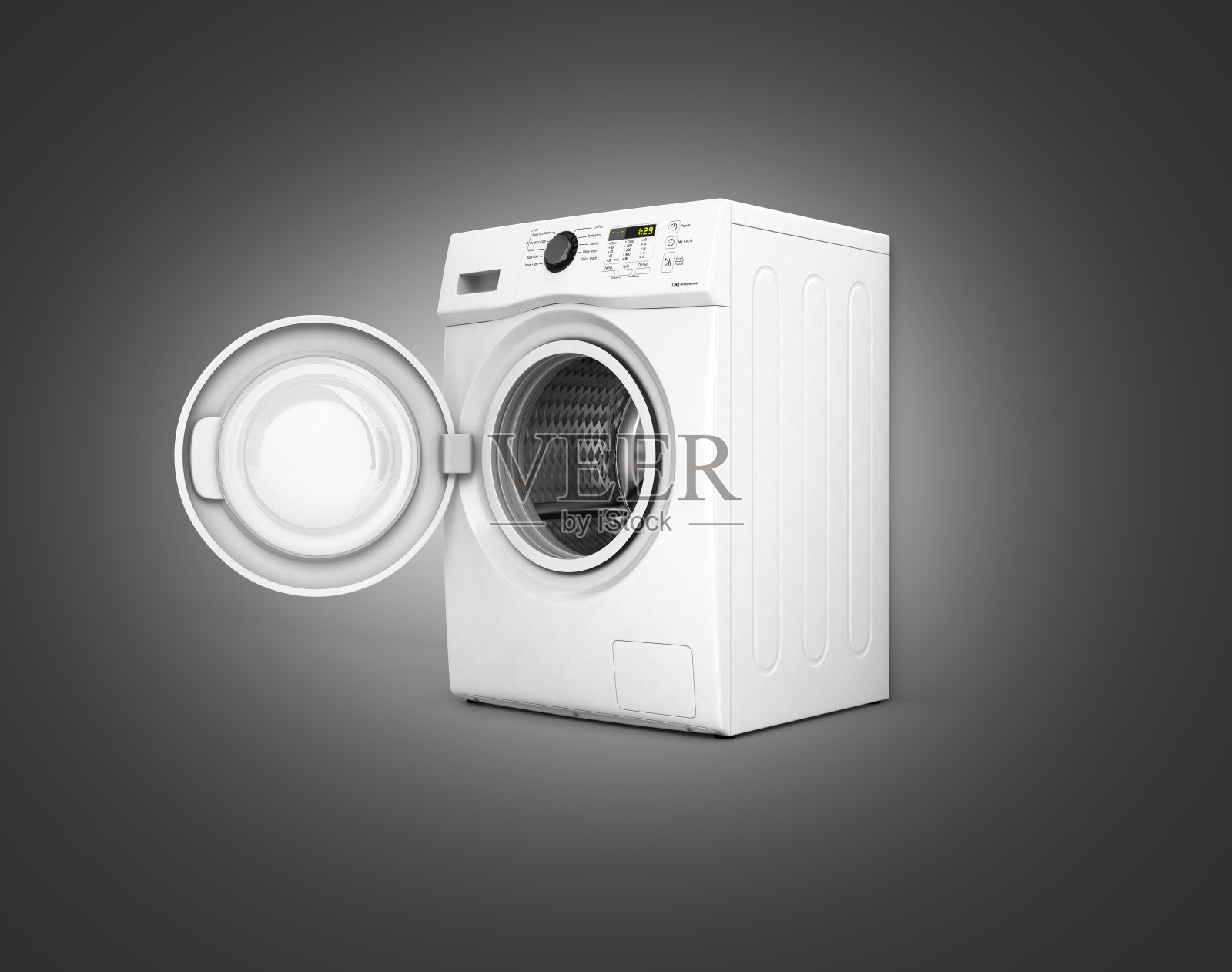 洗衣机与一个开放的门上的黑色渐变背景3d插图插画图片素材