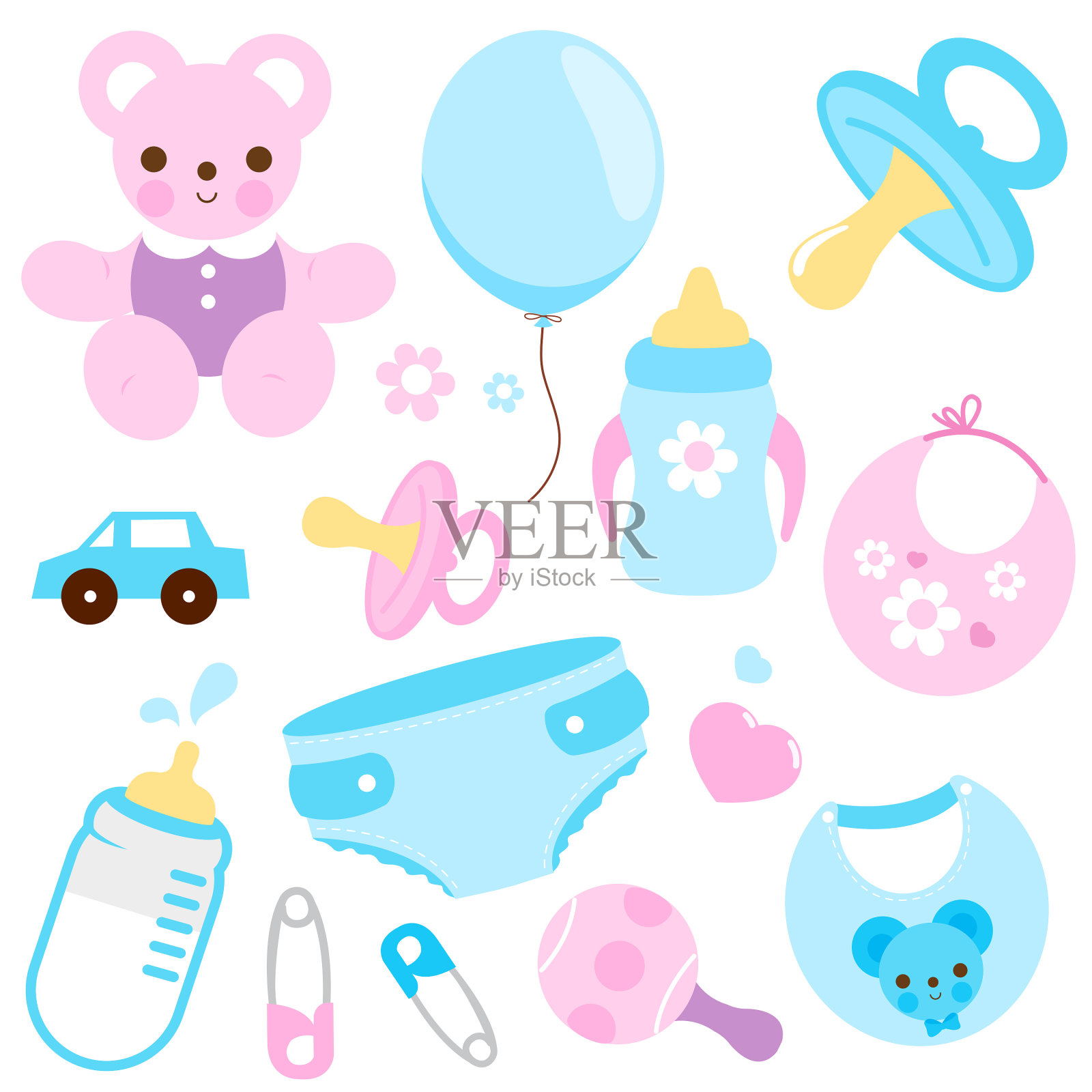 蓝色和粉色的婴儿配件。向量集合插画图片素材