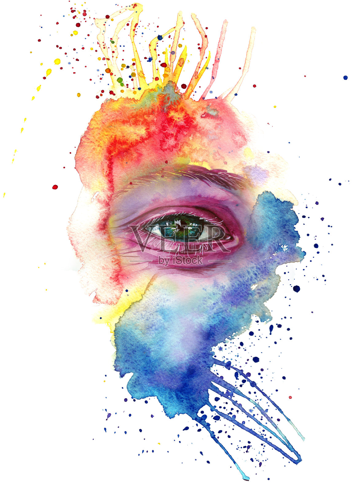 水彩画一个人的头是脏的油漆，多色的脸，肖像，睁开的眼睛，眩在虹膜上的眼睛，在节日胡里，印度的节日，与溅油漆的元素在白色的背插画图片素材