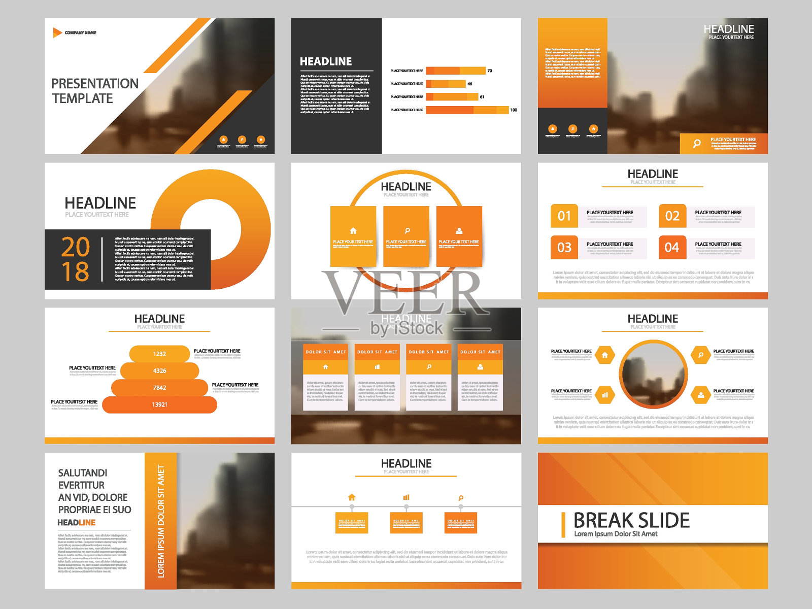 橙色抽象演示模板，信息图形元素模板平面设计集插画图片素材