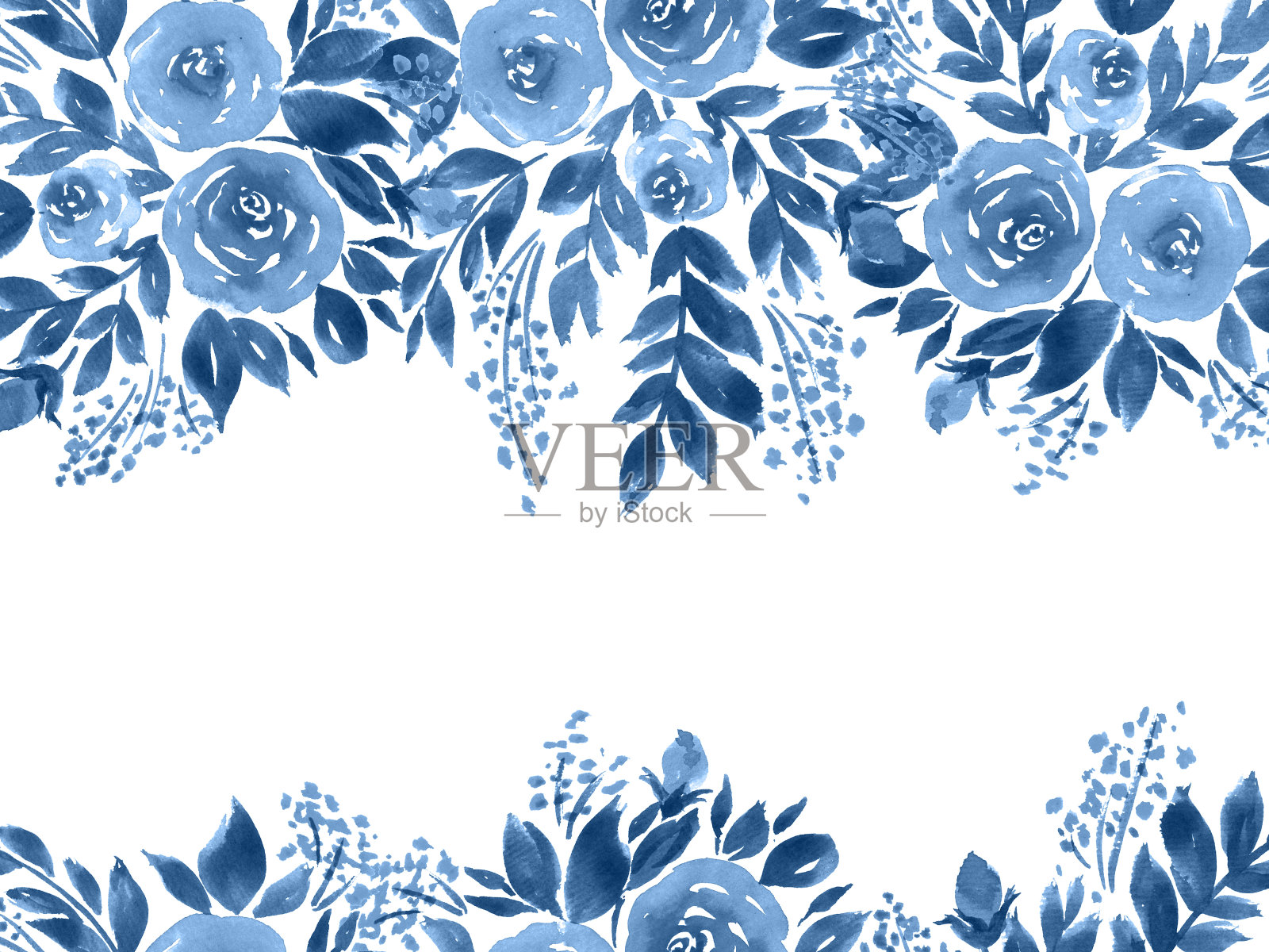 水彩玫瑰贺卡。手工绘制的花卉构成在靛蓝色插画图片素材