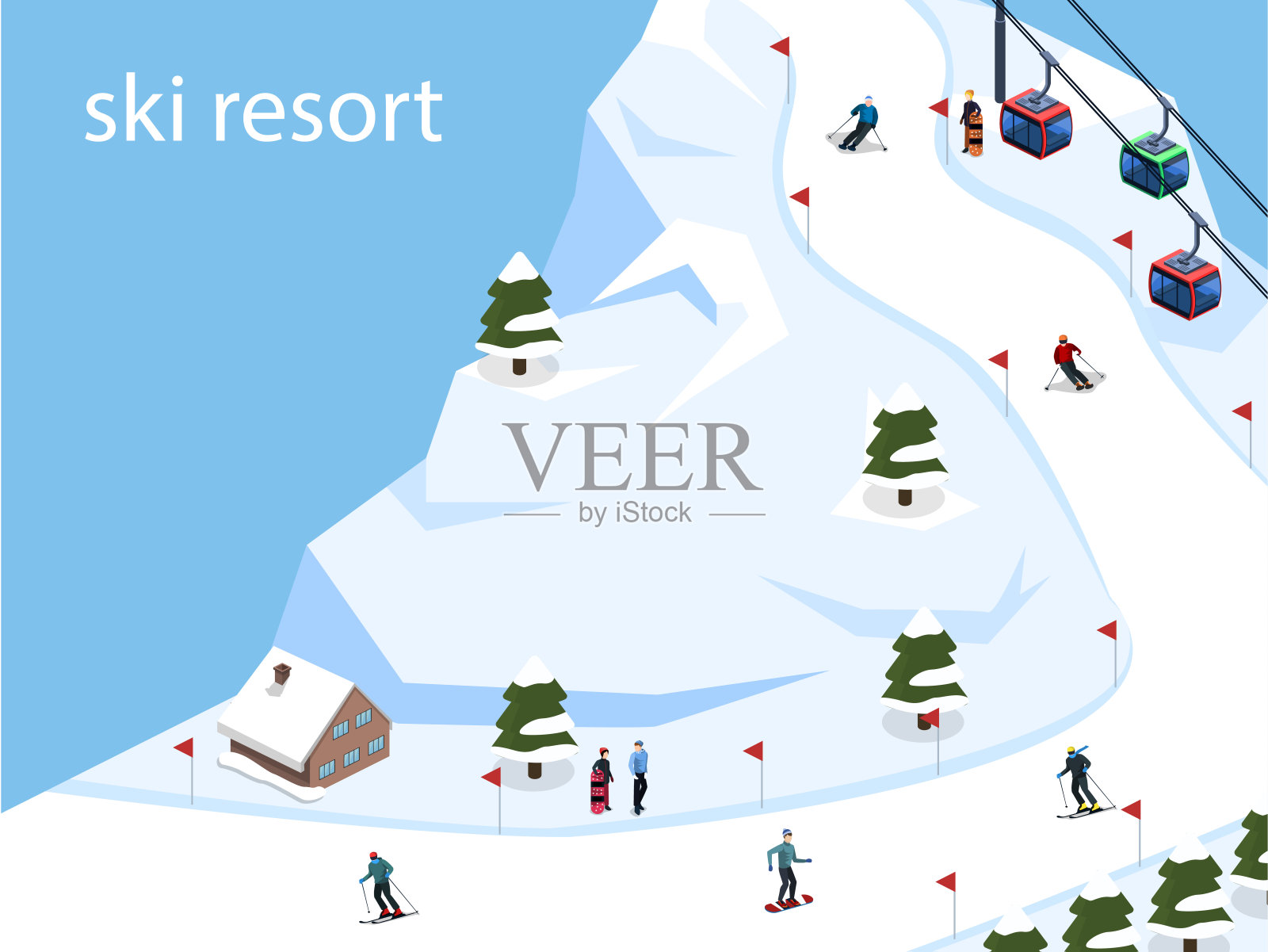 等距三维矢量插图滑雪度假村与缆车在山上插画图片素材