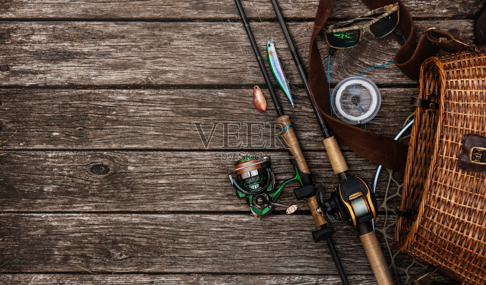 渔具背景。钓鱼的设计元素。照片摄影图片