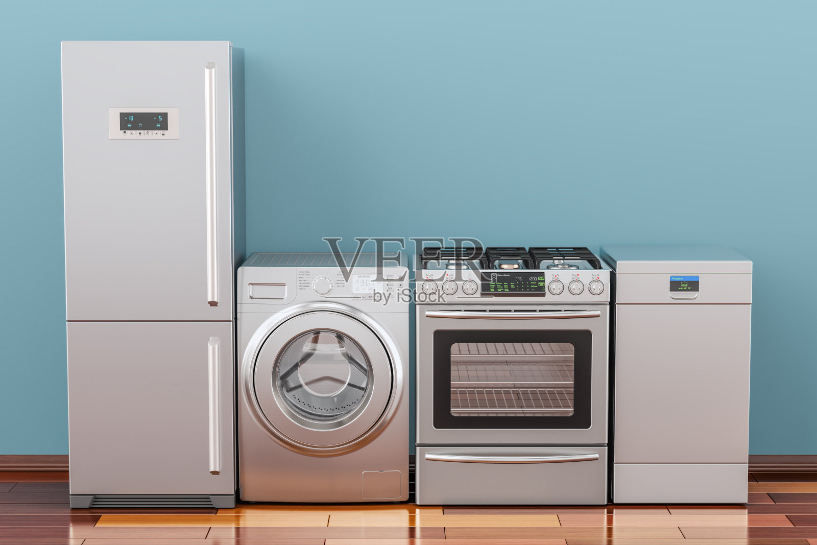 洗衣机、煤气炉、冰箱、洗碗机在房间的木地板上，3D渲染插画图片素材
