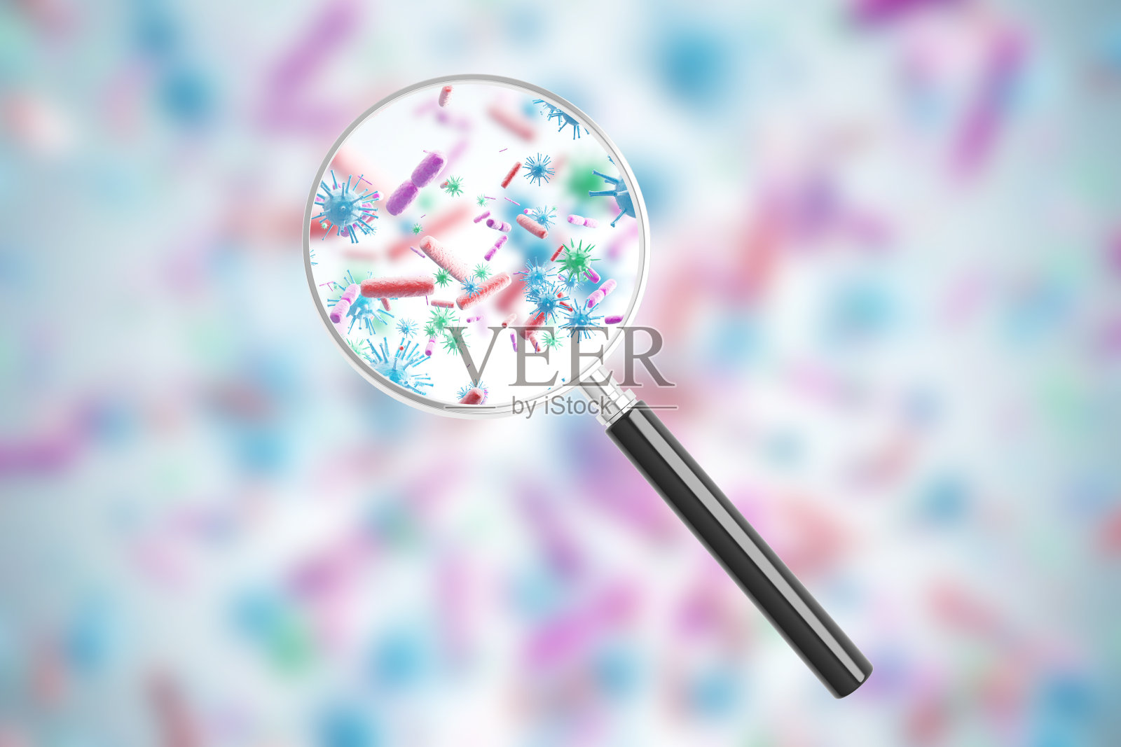 粉色和蓝色病毒，蓝色背景，放大镜插画图片素材