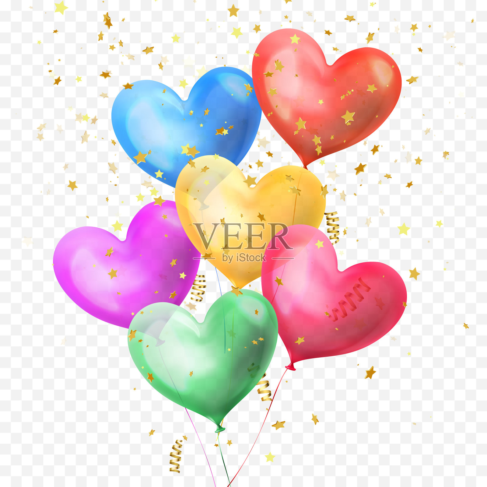 心形气球束和金色闪光星星纸屑孤立在透明的背景为生日派对，情人节或婚礼装饰设计。向量氦心彩色气球束设计元素图片