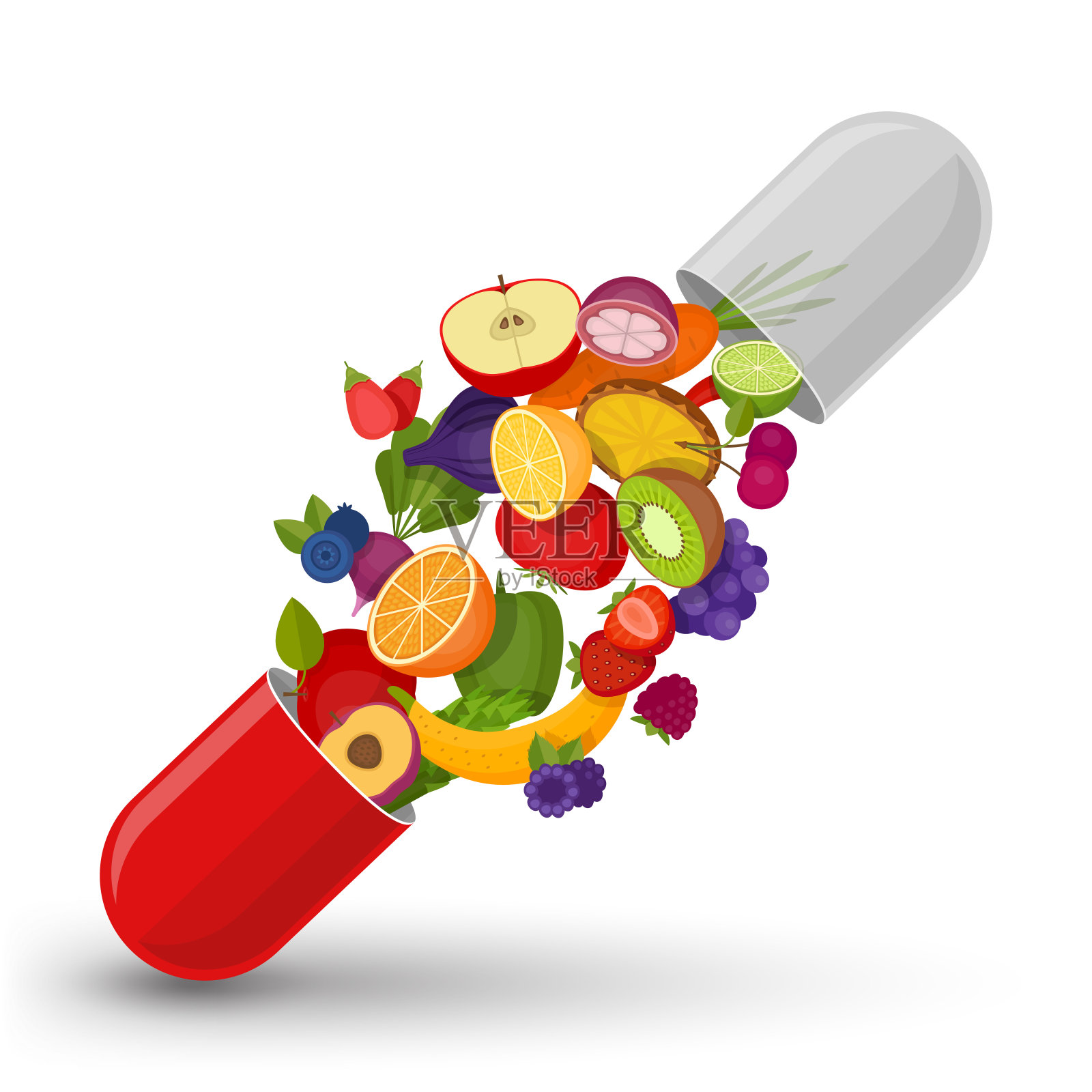 水果和蔬菜的医疗胶囊。维生素和补充。蒴果不同。平面风格，矢量插图。插画图片素材