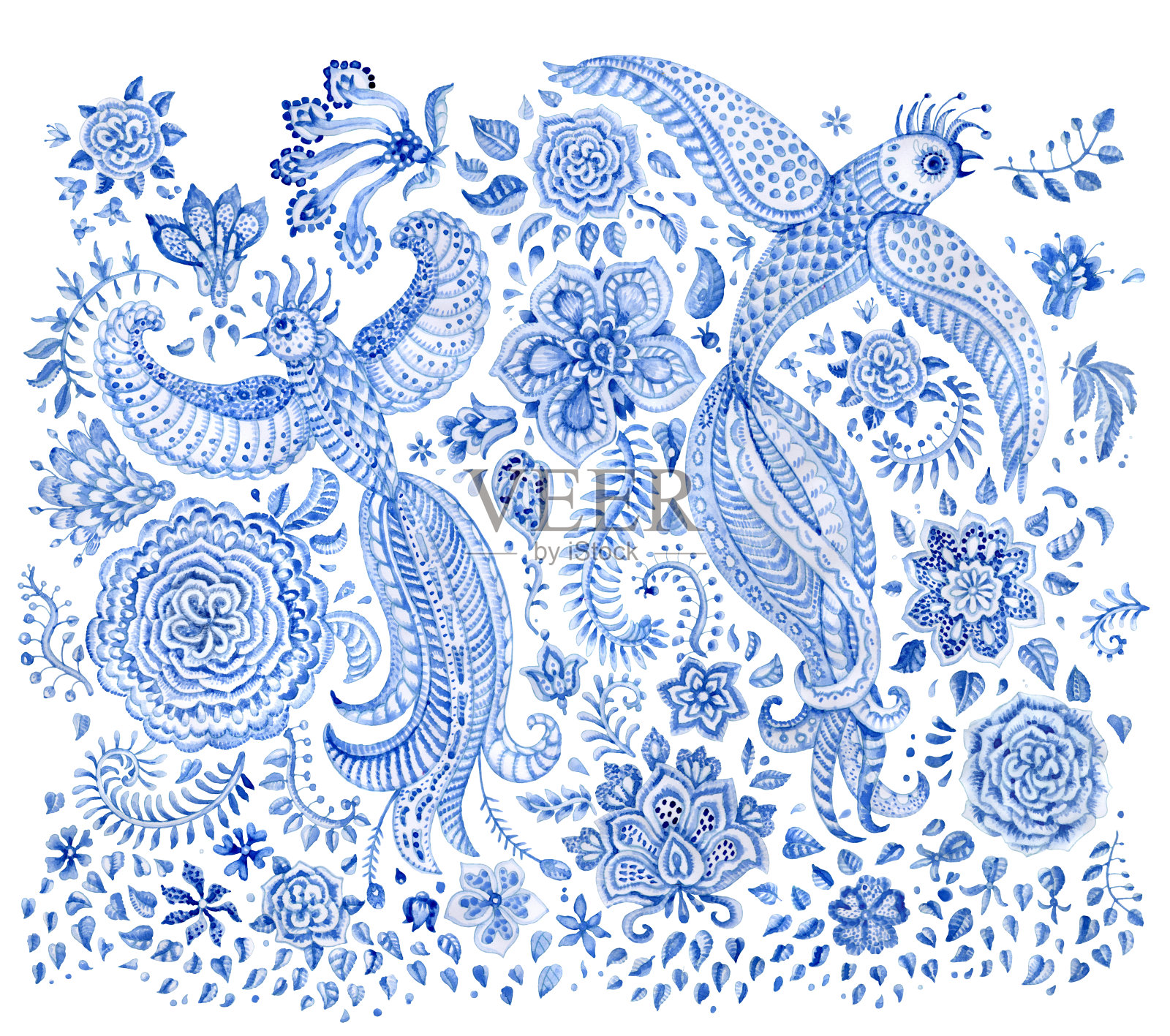 抽象花卉水彩画集孤立的白色背景。奇异的鸟，佩斯利元素，奇异的花，精灵纹理的叶子。小册子页，相册，小册子，书封面，t恤印刷插画图片素材