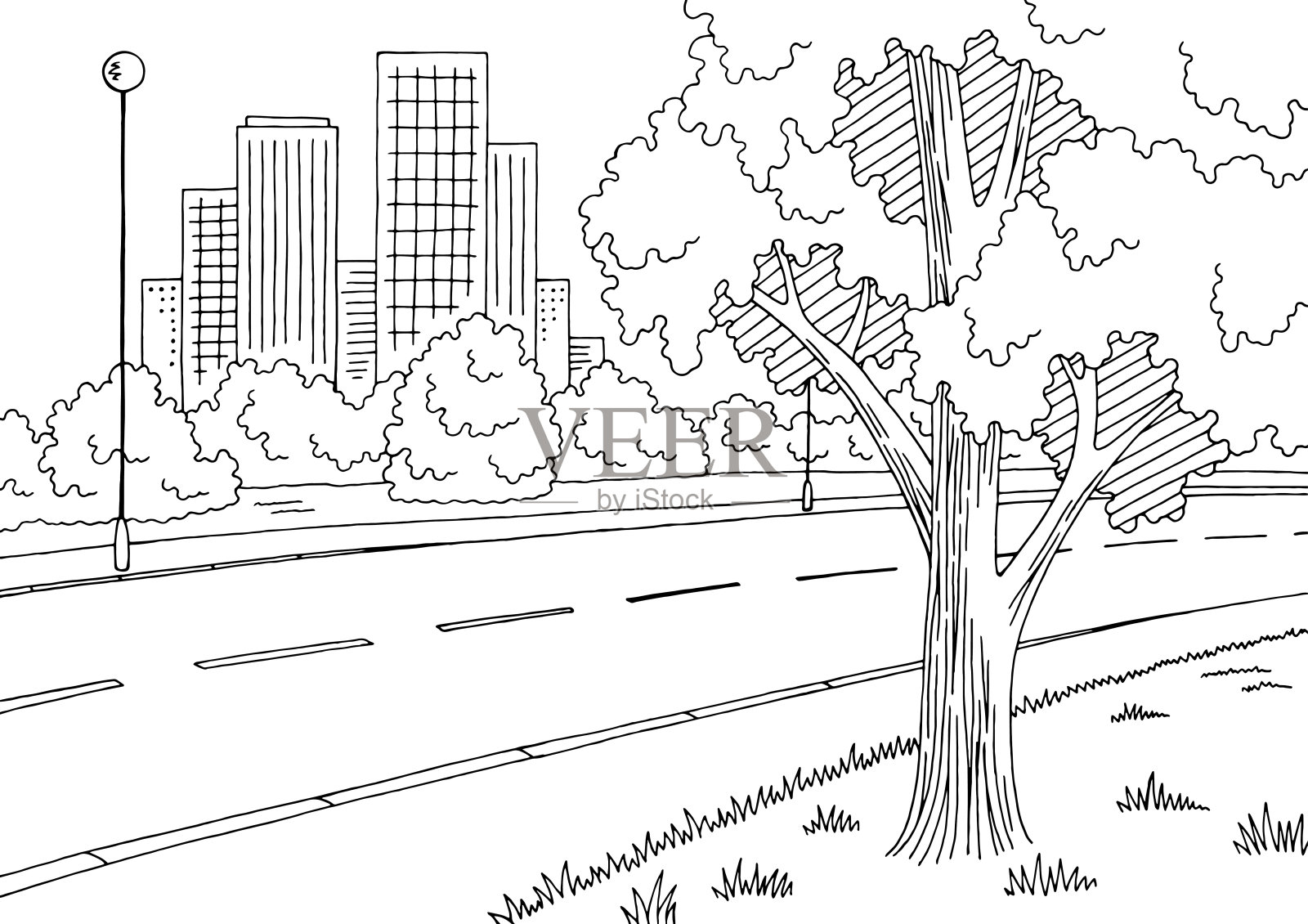 街道道路图形黑白城市景观素描插图矢量插画图片素材