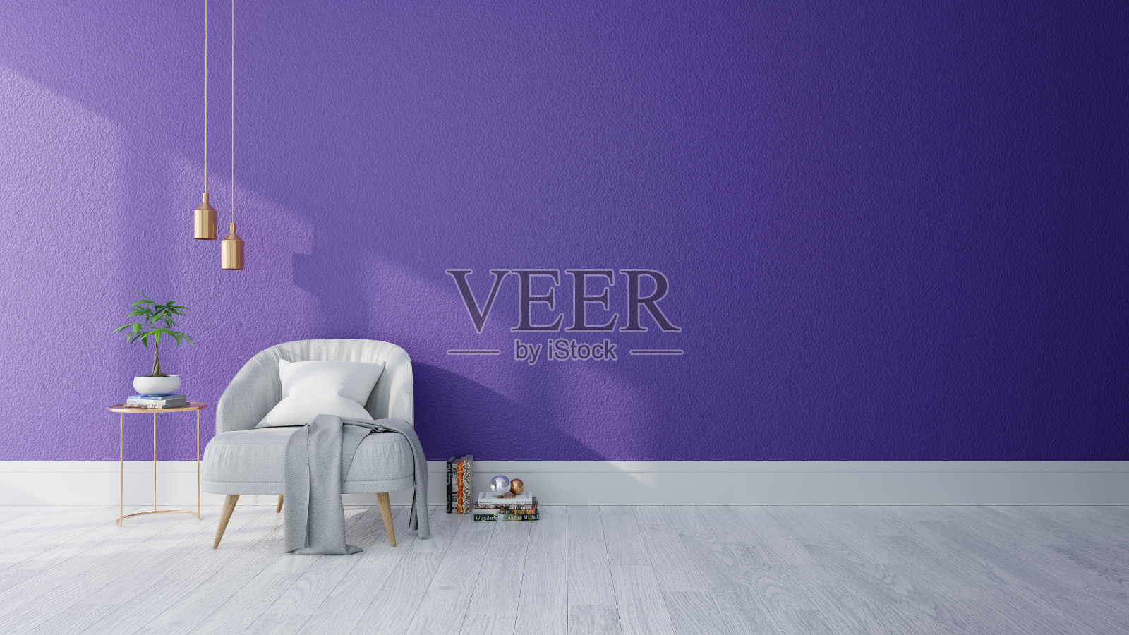 现代室内客厅，紫外光家居装饰概念，灰色扶手椅上的紫色墙壁和白色地板，3d渲染插画图片素材