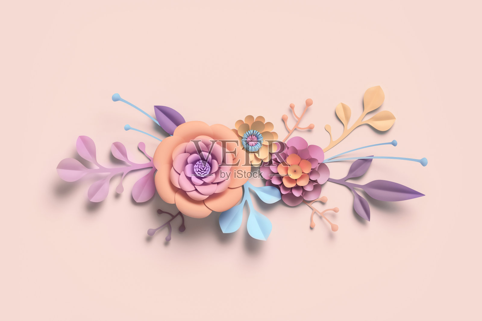3d渲染，纸花，彩色调色板，植物背景，孤立的剪辑艺术，花束，花卉边框插画图片素材