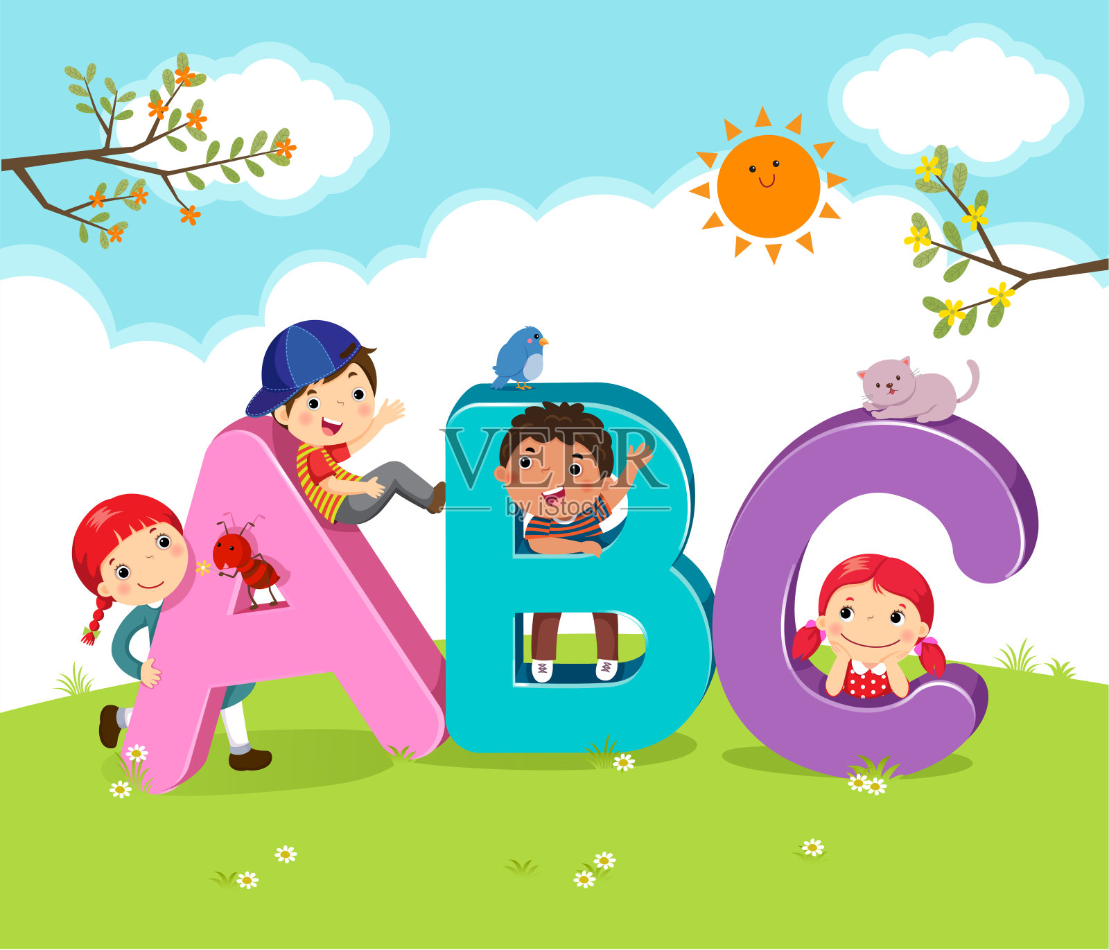 卡通儿童与ABC字母插画图片素材