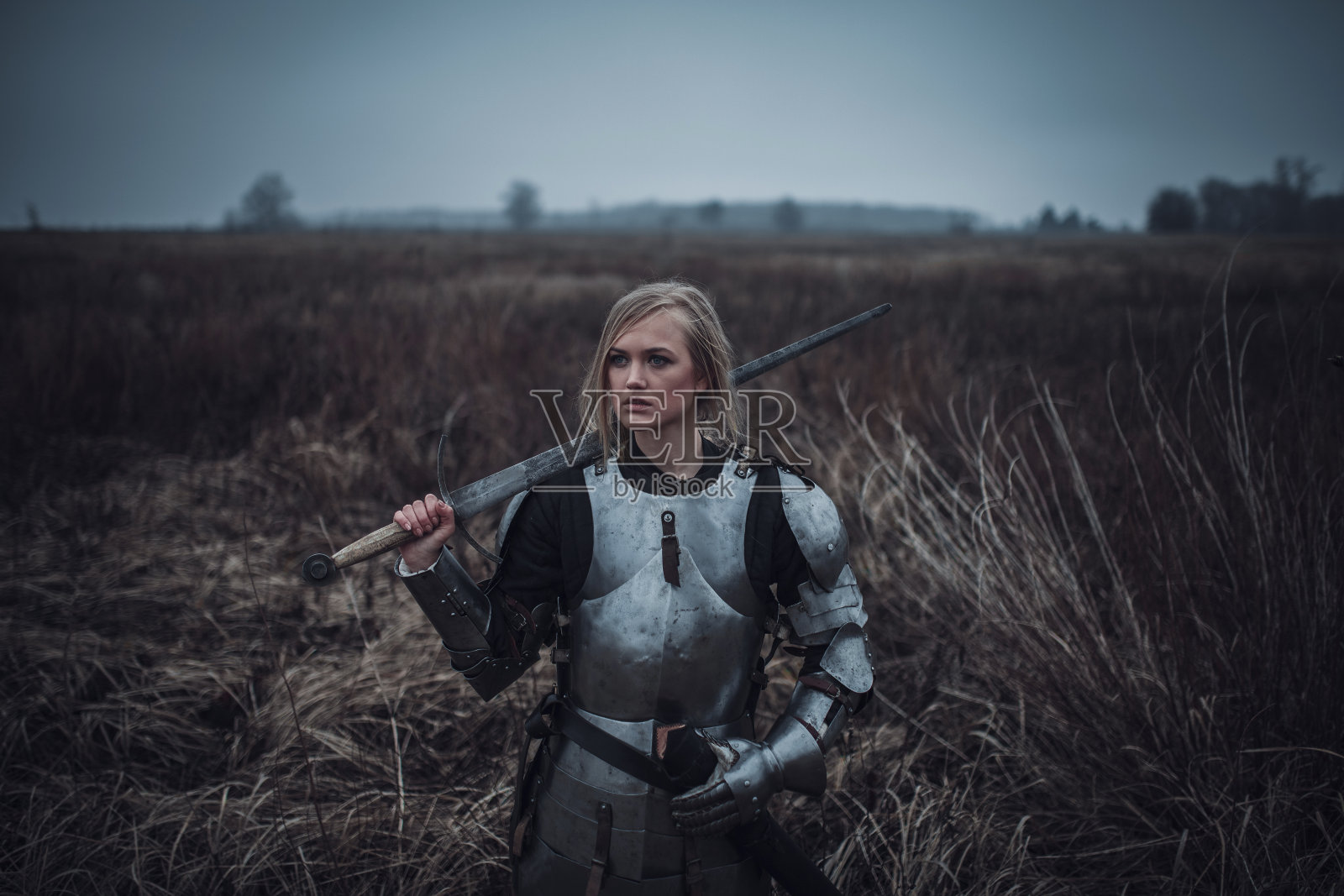 雅娜·达尔克形象中的女孩身穿盔甲，手握利剑，站在草地上。特写镜头。照片摄影图片