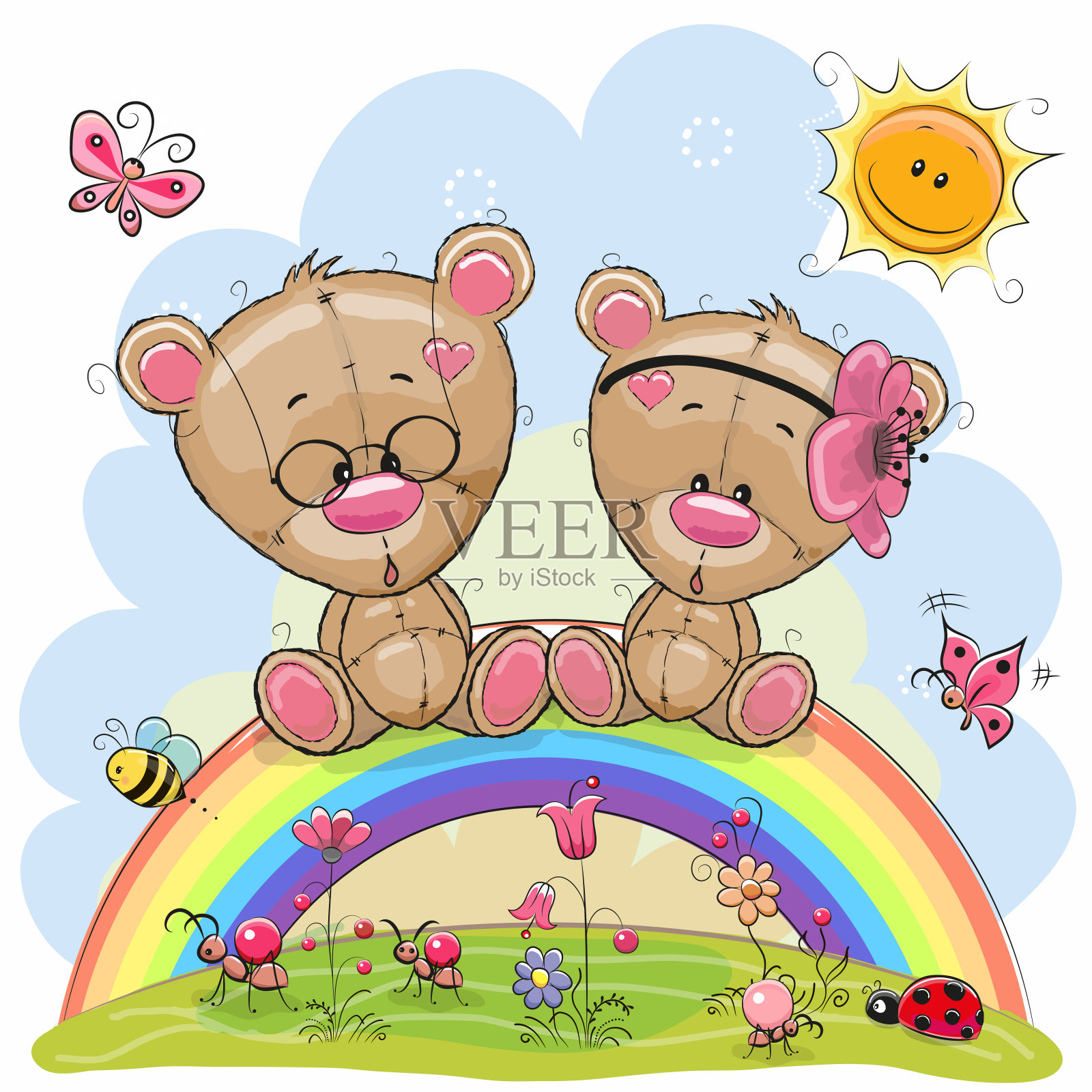 两只泰迪熊坐在彩虹上设计元素图片