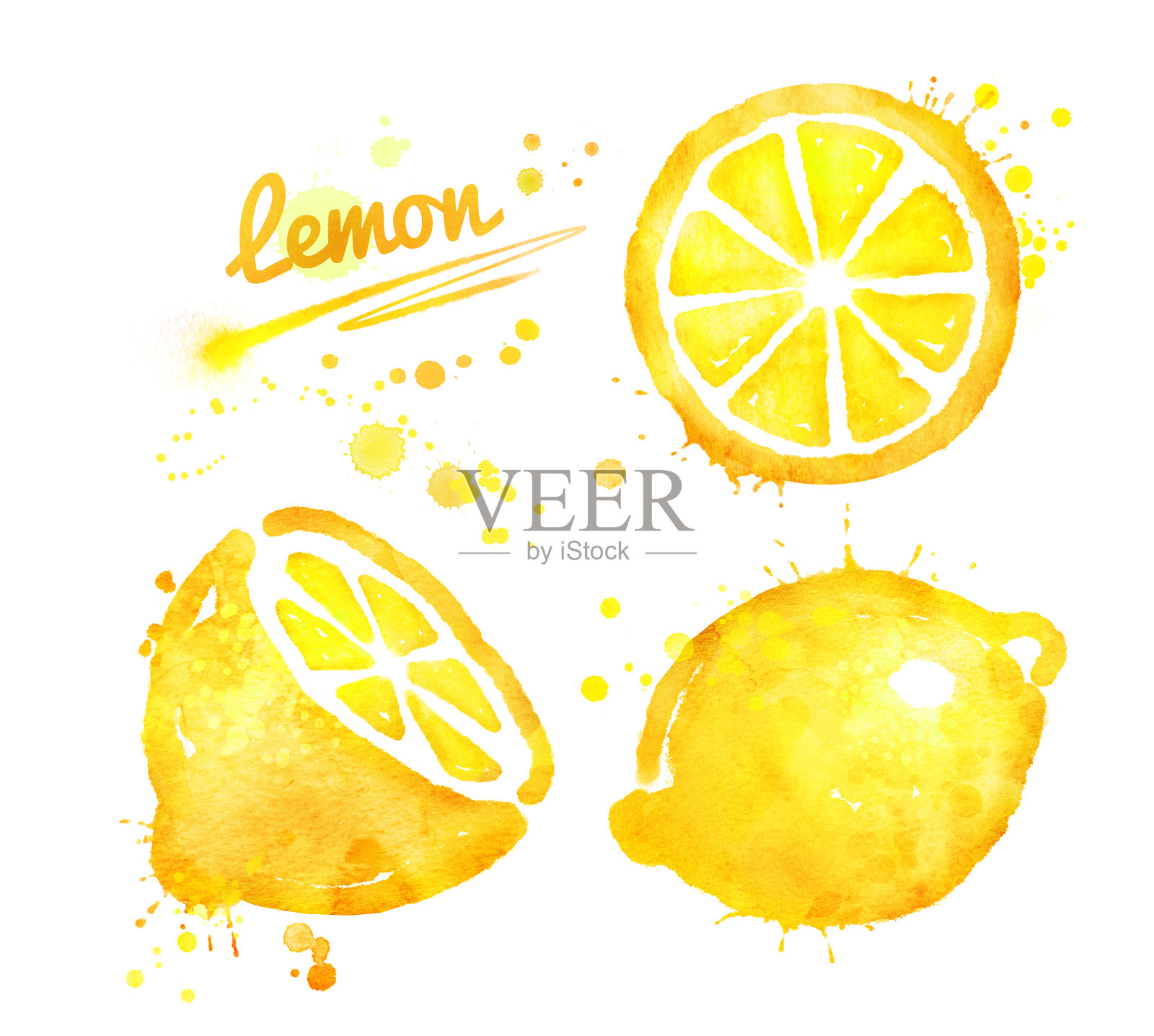 手绘柠檬水彩。插画图片素材