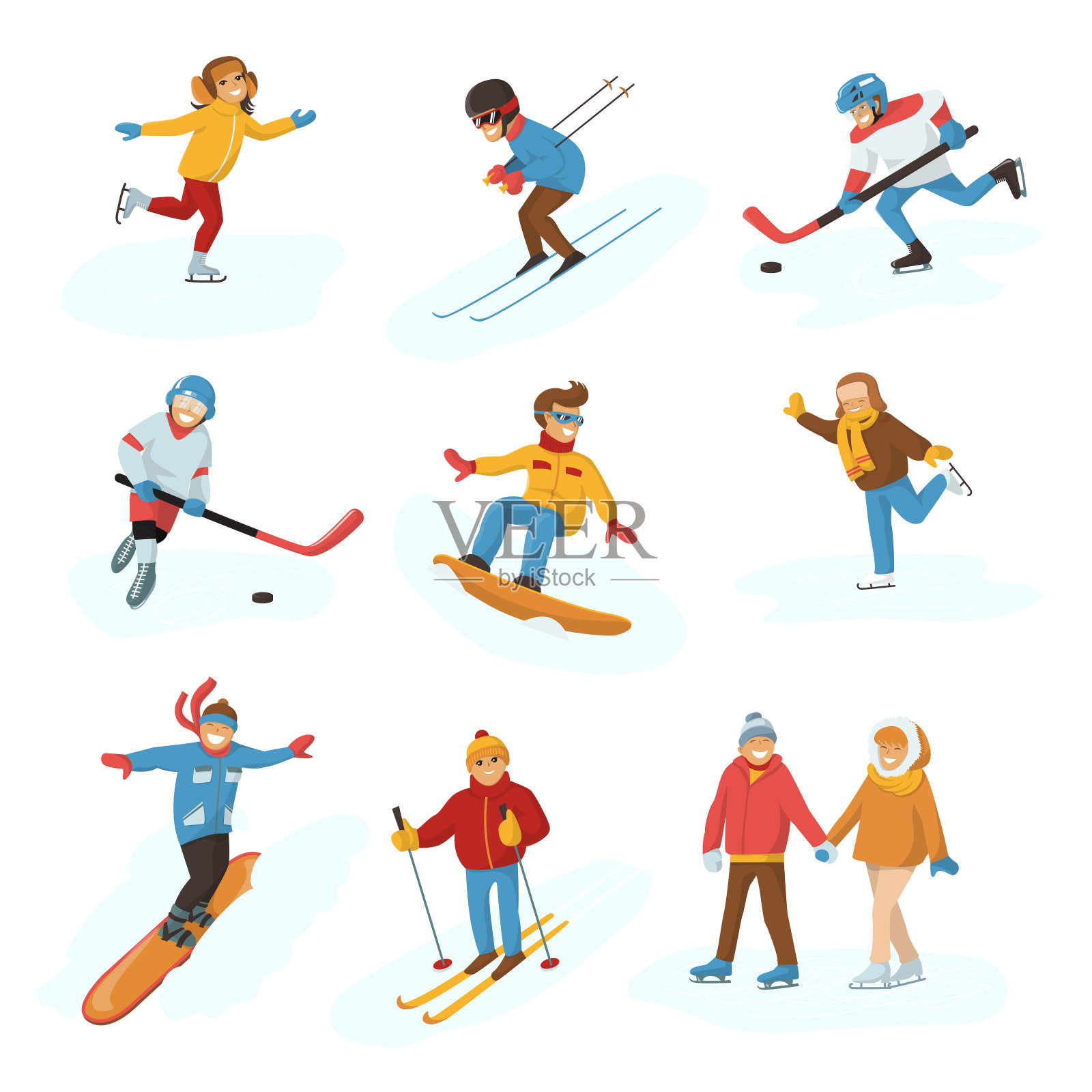 冬季矢量体育活动人游戏卡通男孩和女孩有趣的冷运动员冬季快乐插图孤立的假期人假日体育活动滑雪，天空，曲棍球和滑雪板设计元素图片