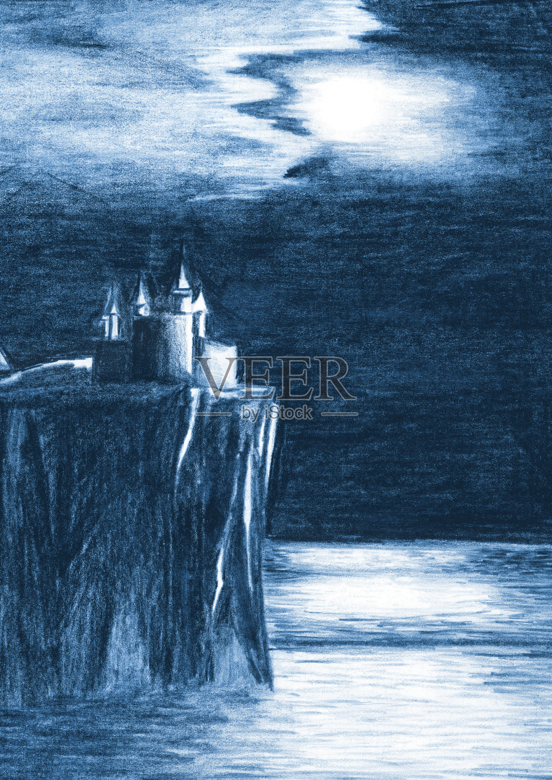海上悬崖上孤独神秘的城堡。素描图插画图片素材