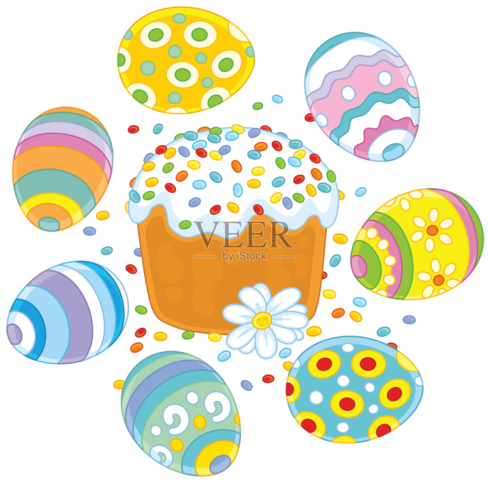 复活节彩蛋和带花的蛋糕插画图片素材