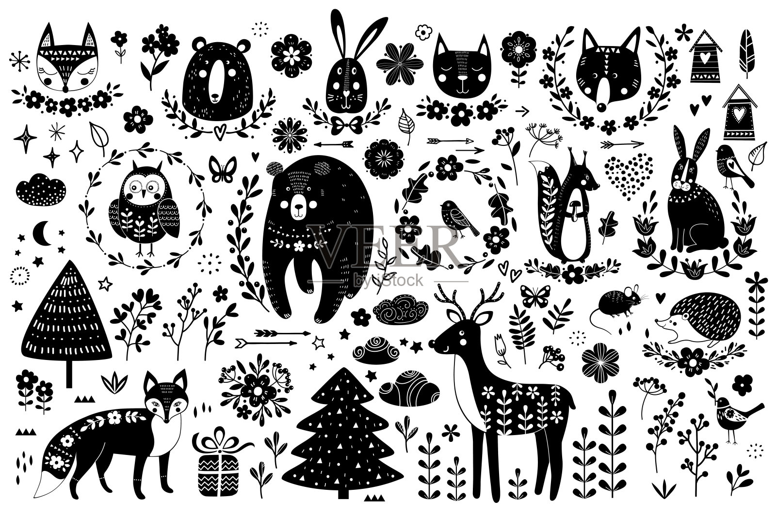 向量套可爱的动物:狐狸，熊，兔子，松鼠，狼，刺猬，猫头鹰，鹿，猫，老鼠，鸟类。收集图形元素:花，星星，云彩，箭头。插画图片素材