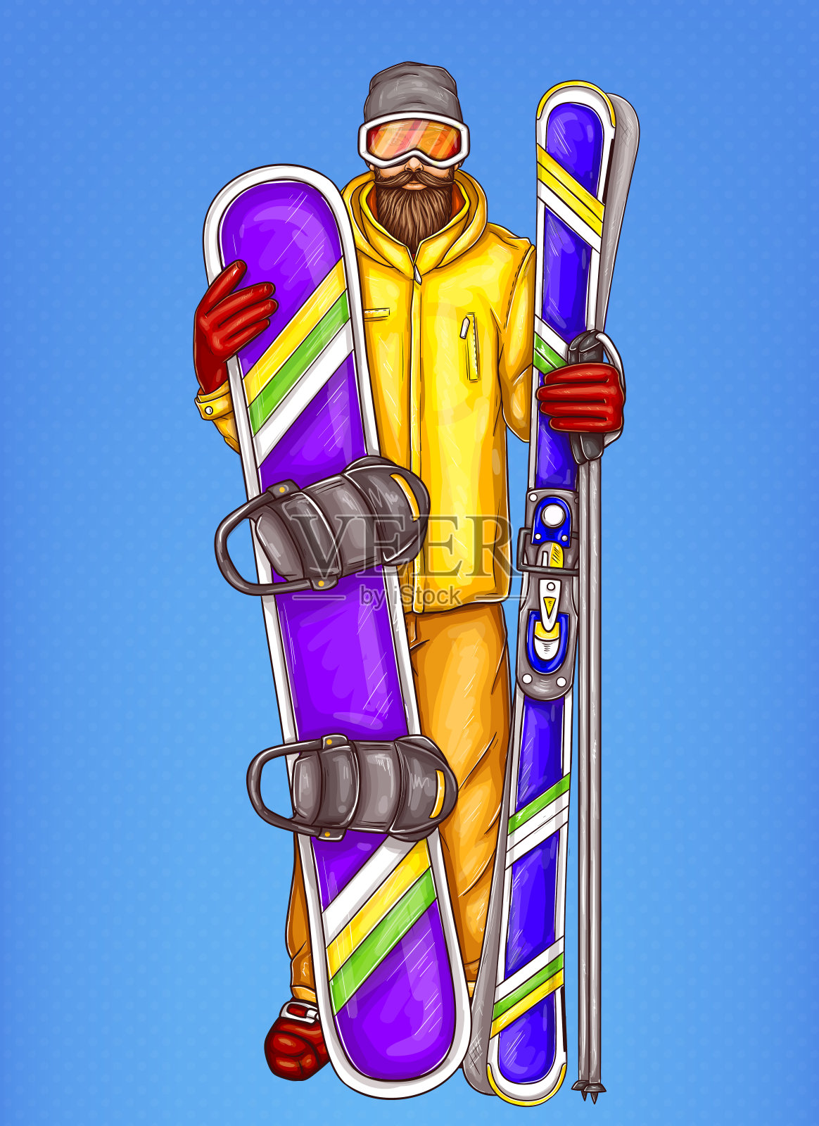 矢量流行艺术滑雪板-卡通胡子男子滑雪板西装，眼镜，头盔，持有滑雪板，滑雪。插画图片素材
