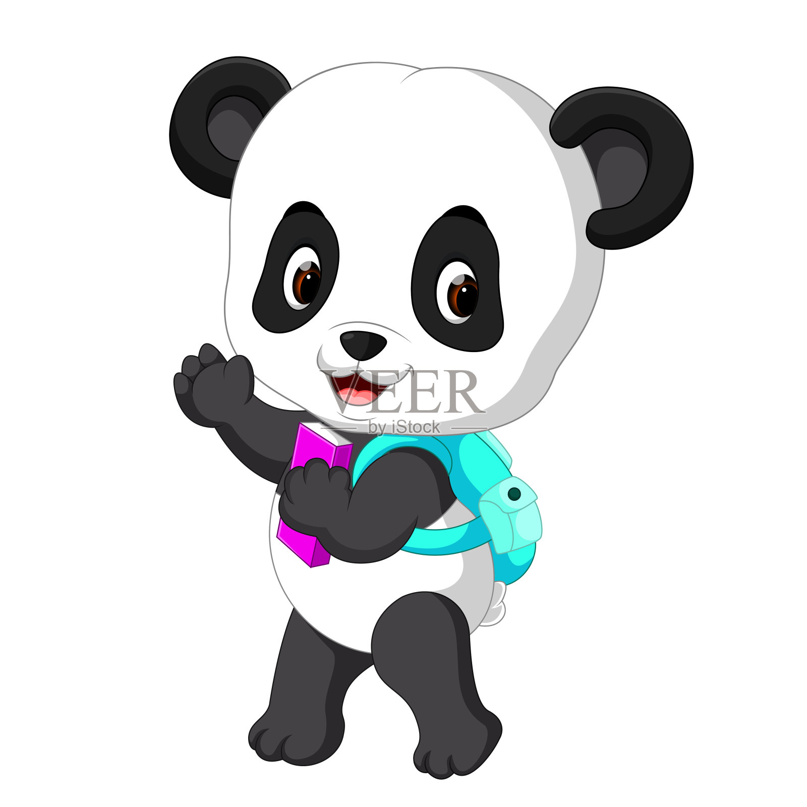 可爱的熊猫在去学校的路上插画图片素材
