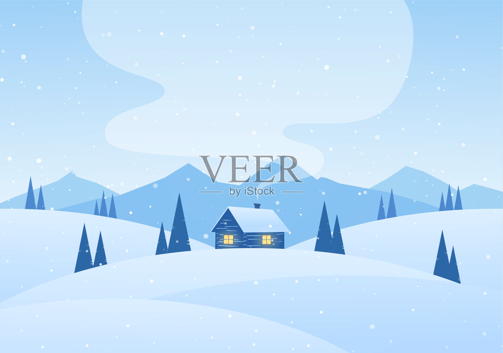 矢量插图:冬季卡通山景观与房子和烟从烟囱。插画图片素材