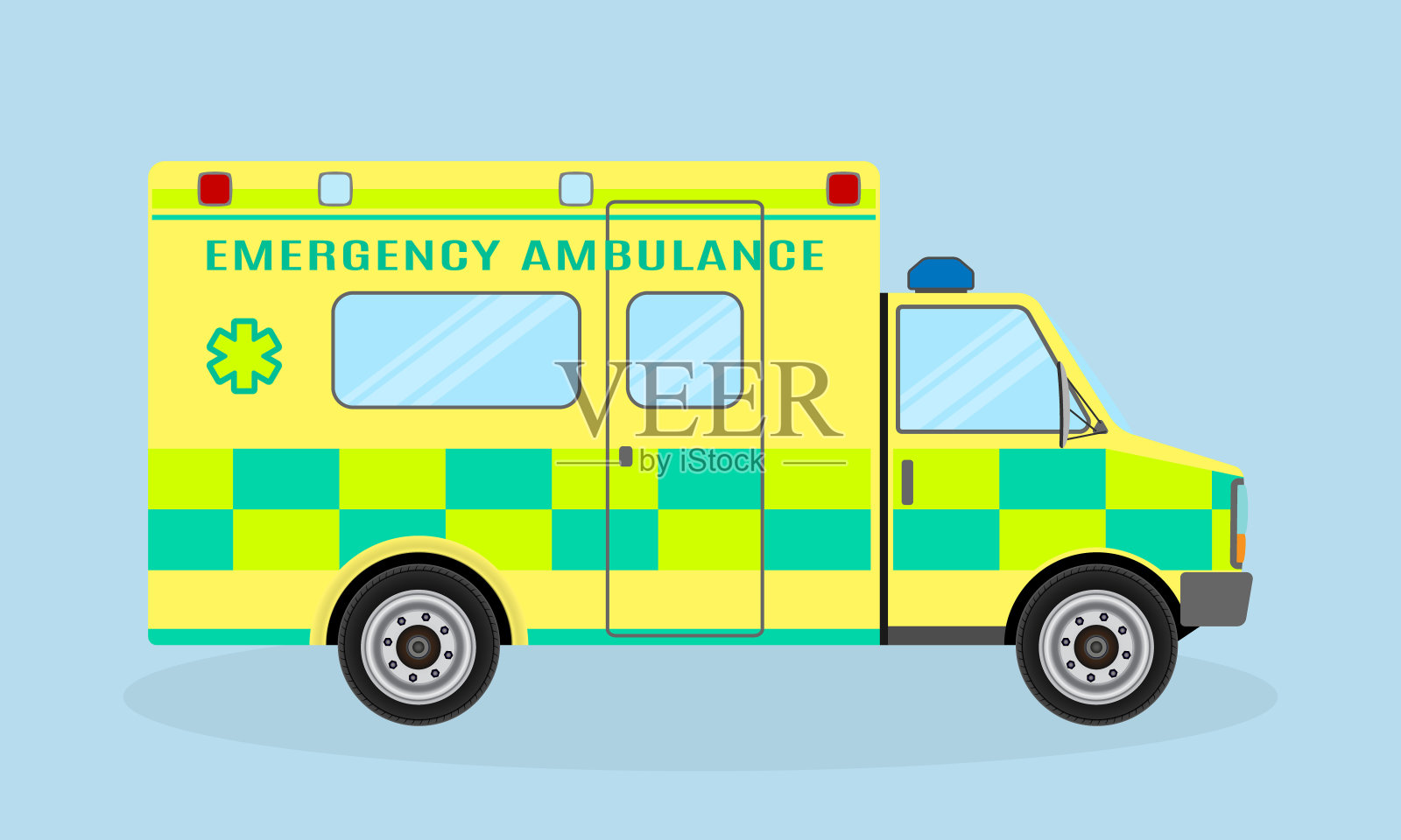救护车辆。紧急医疗服务车侧视图有健康标志的医护人员医院运输工具插画图片素材