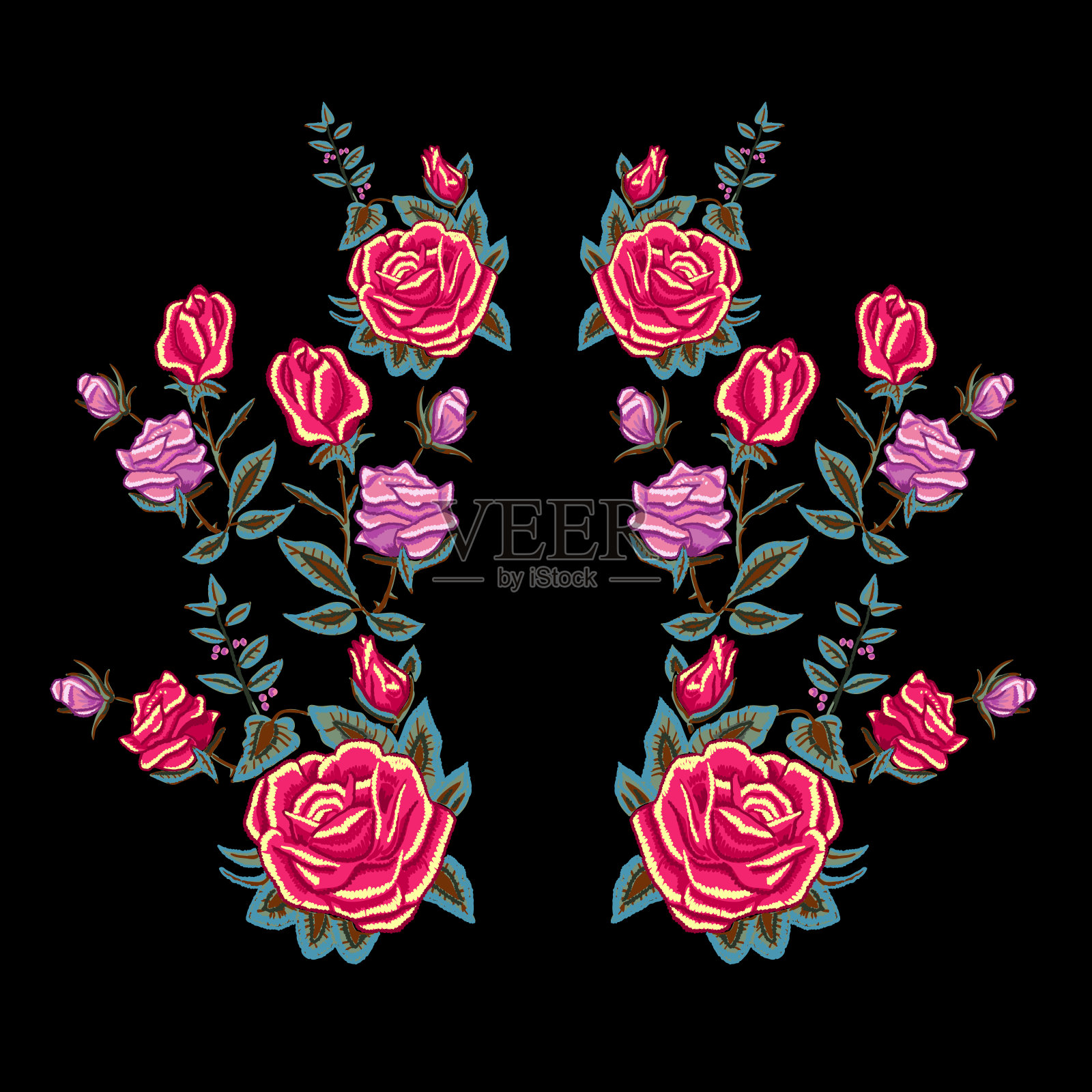 刺绣传统领口图案与红玫瑰。插画图片素材
