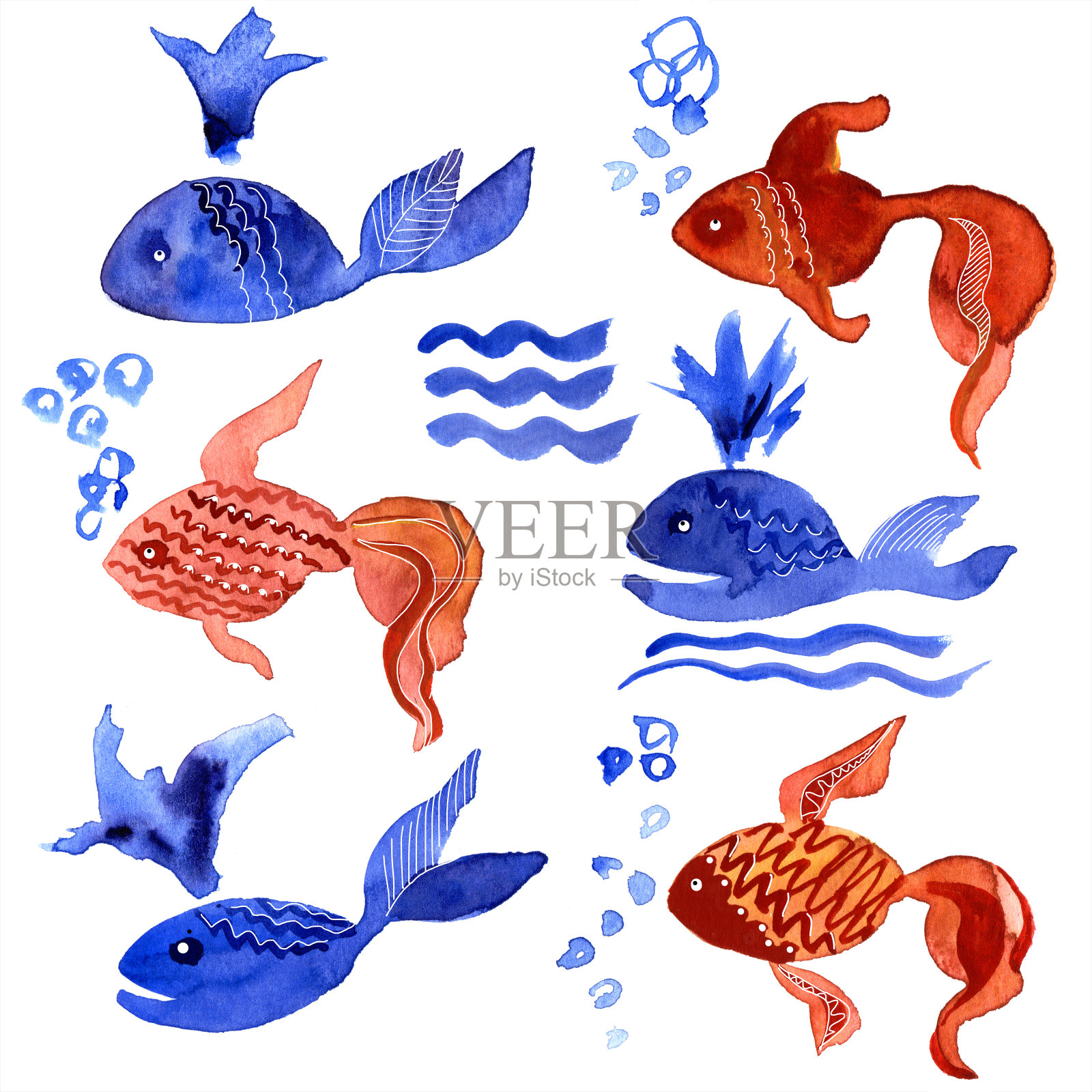 水彩手绘海洋插图与蓝鲸和金鱼插画图片素材