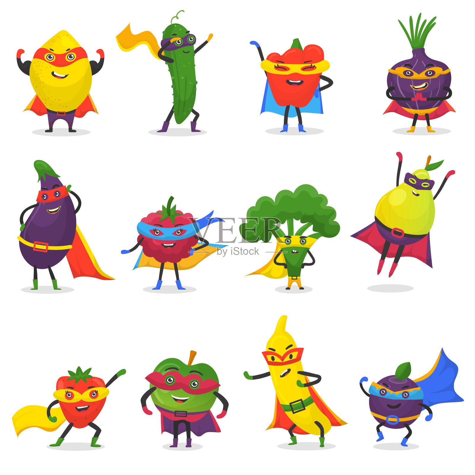 超级英雄水果矢量水果卡通人物超级英雄表达蔬菜与有趣的苹果香蕉或胡椒在面具插图富有成效的素食饮食设置孤立的白色背景插画图片素材