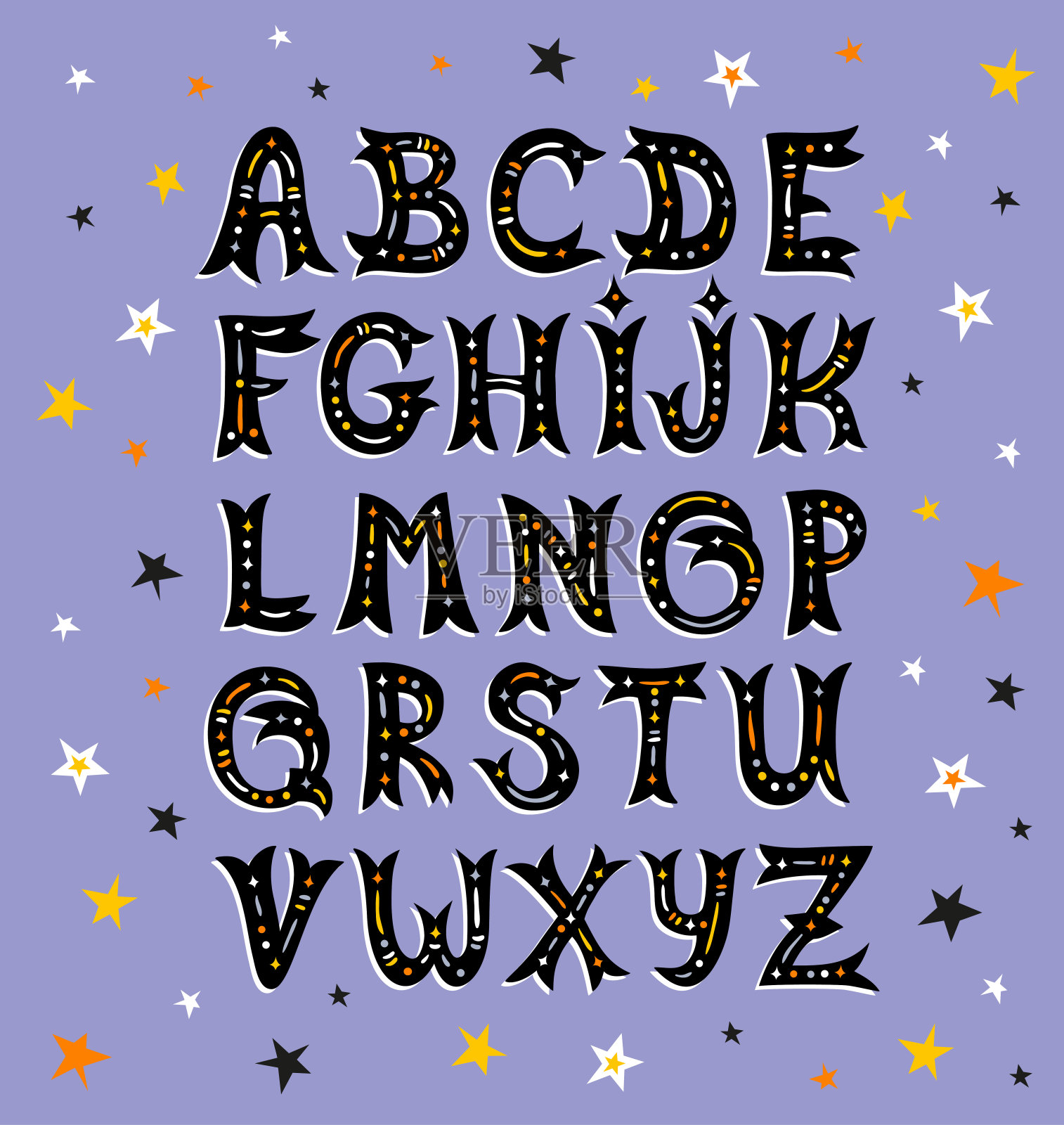 向量卡通一套有趣的拉丁字母。一套手绘大写字母孤立在蓝色背景与星星。设计元素。插画图片素材