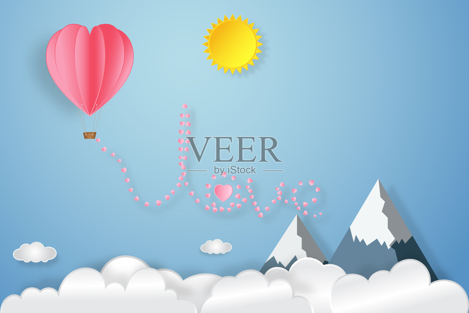 热气球和粉色心形，阳光下的蓝天为爱情背景，2月14日情人节，婚礼和纸艺术概念。矢量插图。插画图片素材