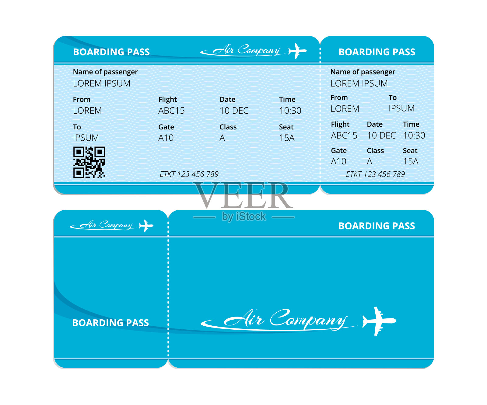 蓝色纸质登机牌，用于核对旅客数据的车票设计模板素材