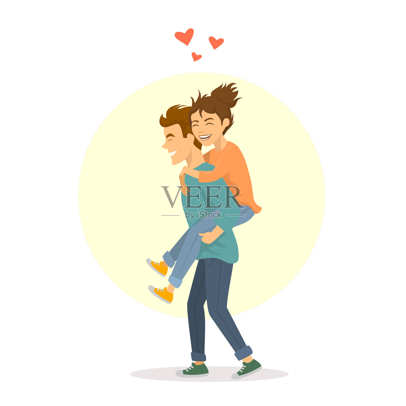 可爱的情侣玩得开心，年轻的男人背着女朋友插画图片素材