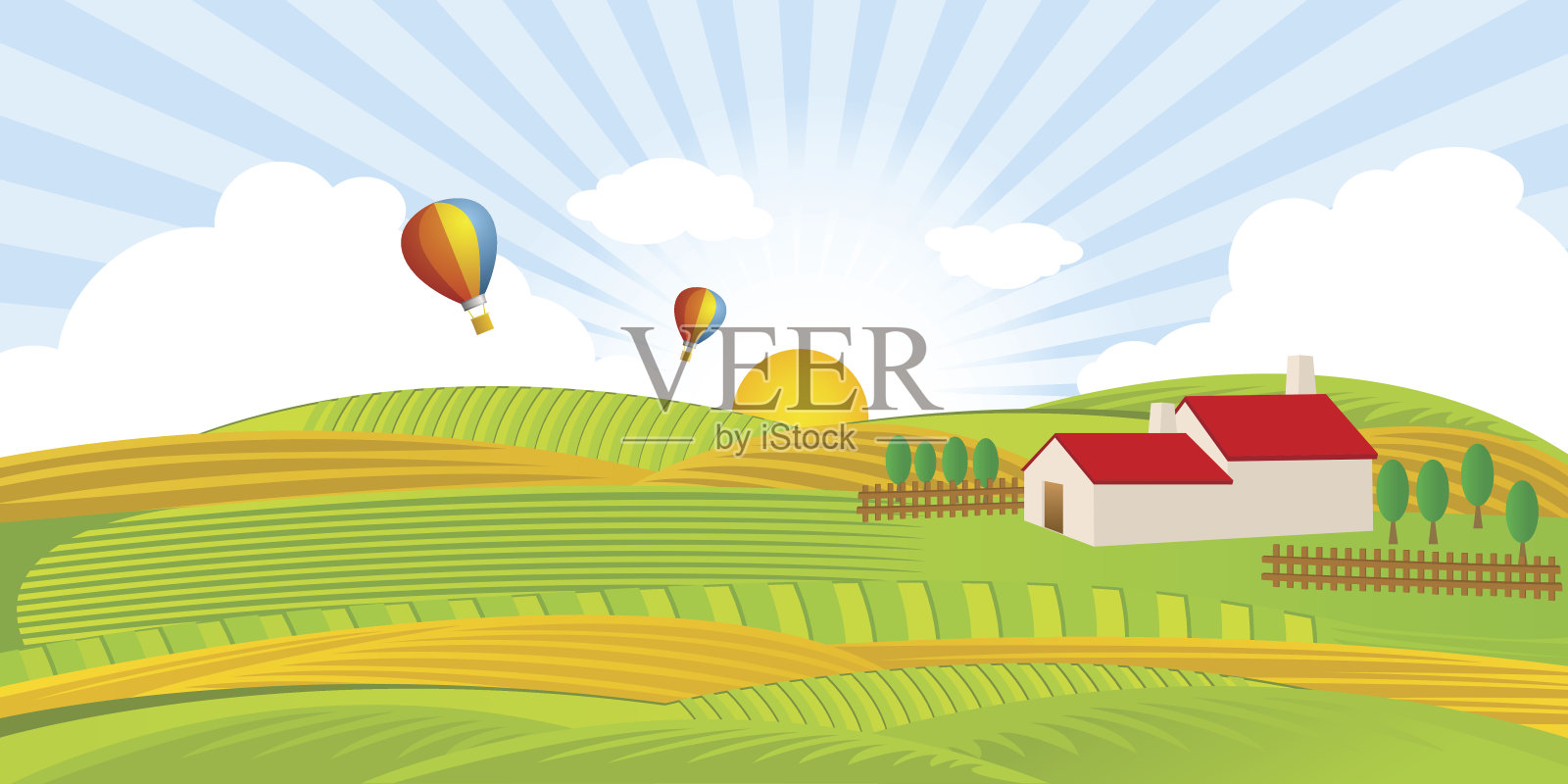 农场和田野与热气球插画图片素材