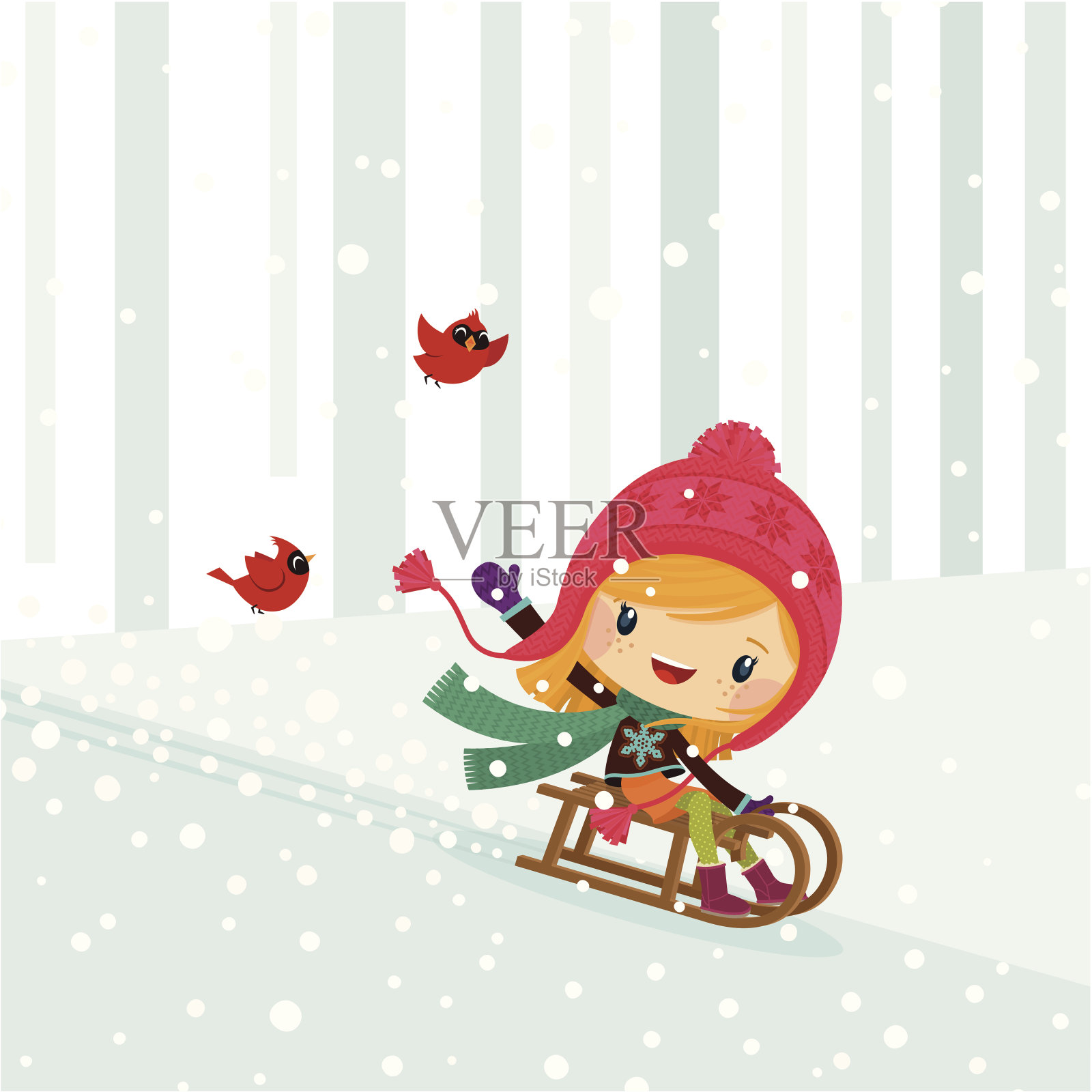 女孩滑雪橇冬天可爱的孩子快乐的插图矢量迷你插画图片素材